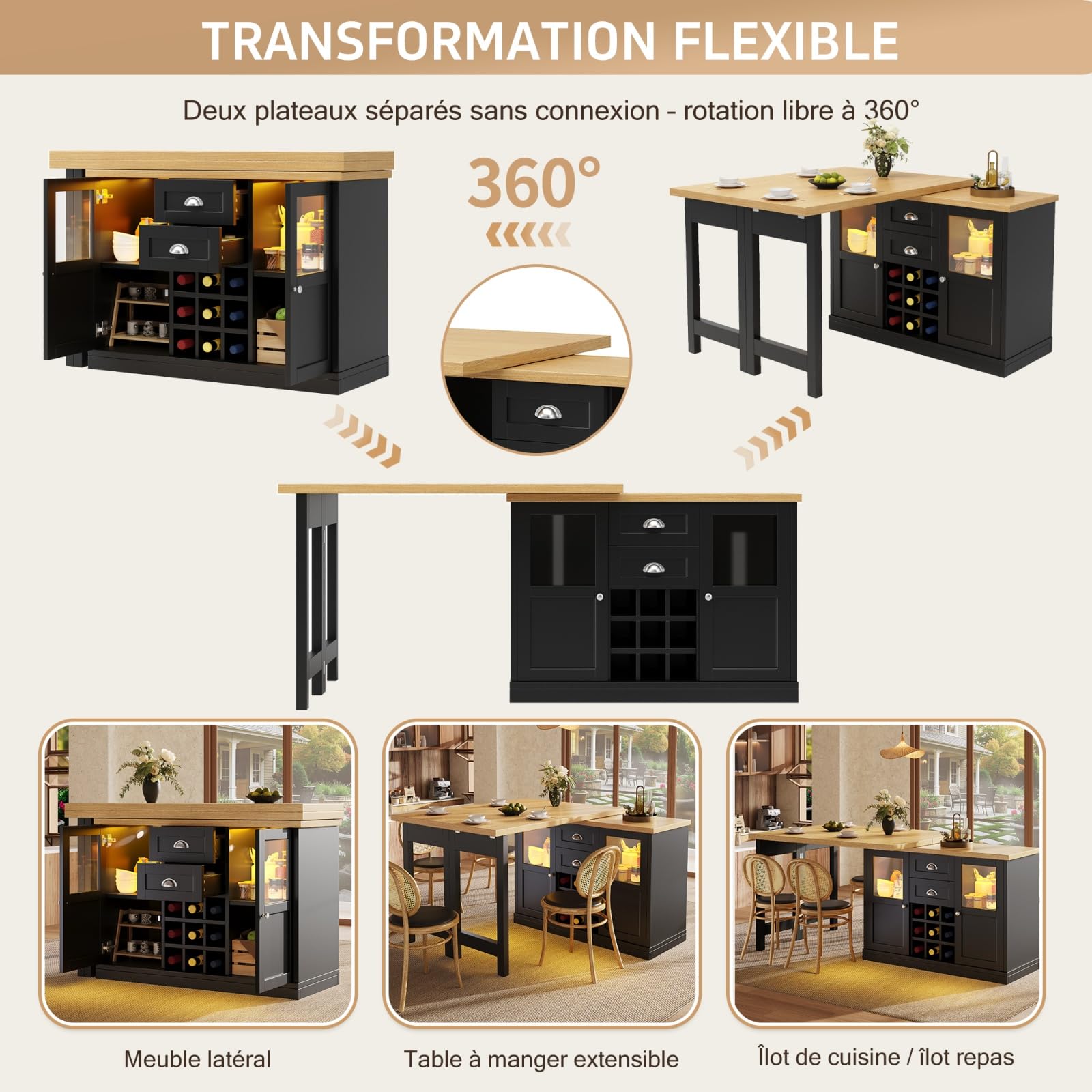 YEHTOKHOME - Isla central de cocina con almacenamiento y encimera, mesa de comedor extensible de 120 a 197 cm giratoria a 360 °, 2 cajones y 2 puertas con LED, bodega, mesa de bar (G-Negro)