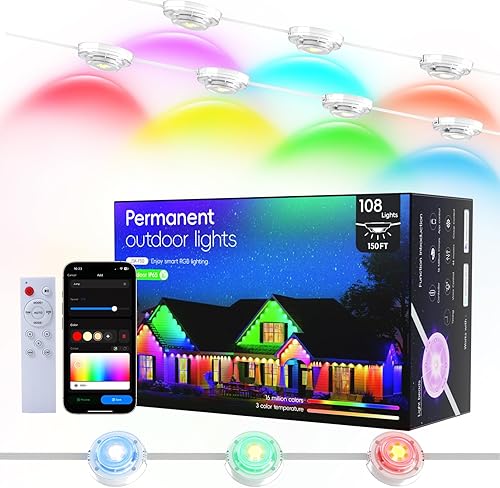Permanent Outdoor Lights Pro, 150ft with 108 RGBCW 7-in-1 LED Lights, 120° Beam 