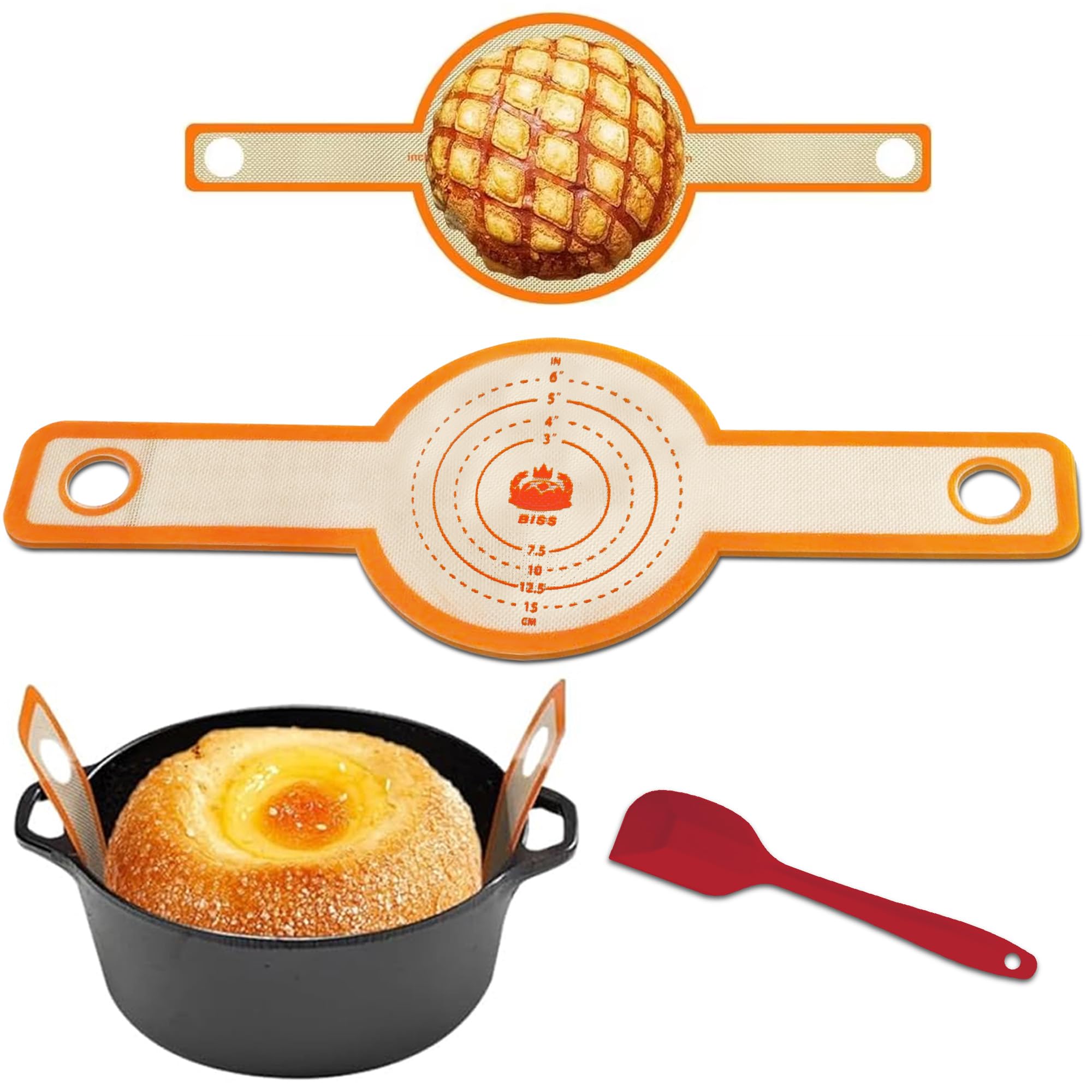 BISS Silicone Bread Sling for Dutch Oven, Non-Stick & Easy to Clean Bread Baking Mat Set, 2 Pcs Reusable Bread Sling with Long Handle to Transfer Sourdough