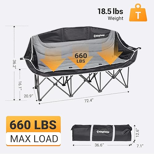 Miniatura 3 de KingCamp Silla de campamento para 3 personas, sofá biplaza resistente de gran tamaño de 660 libras para adultos, portátil, plegable, XL, sofá para 2