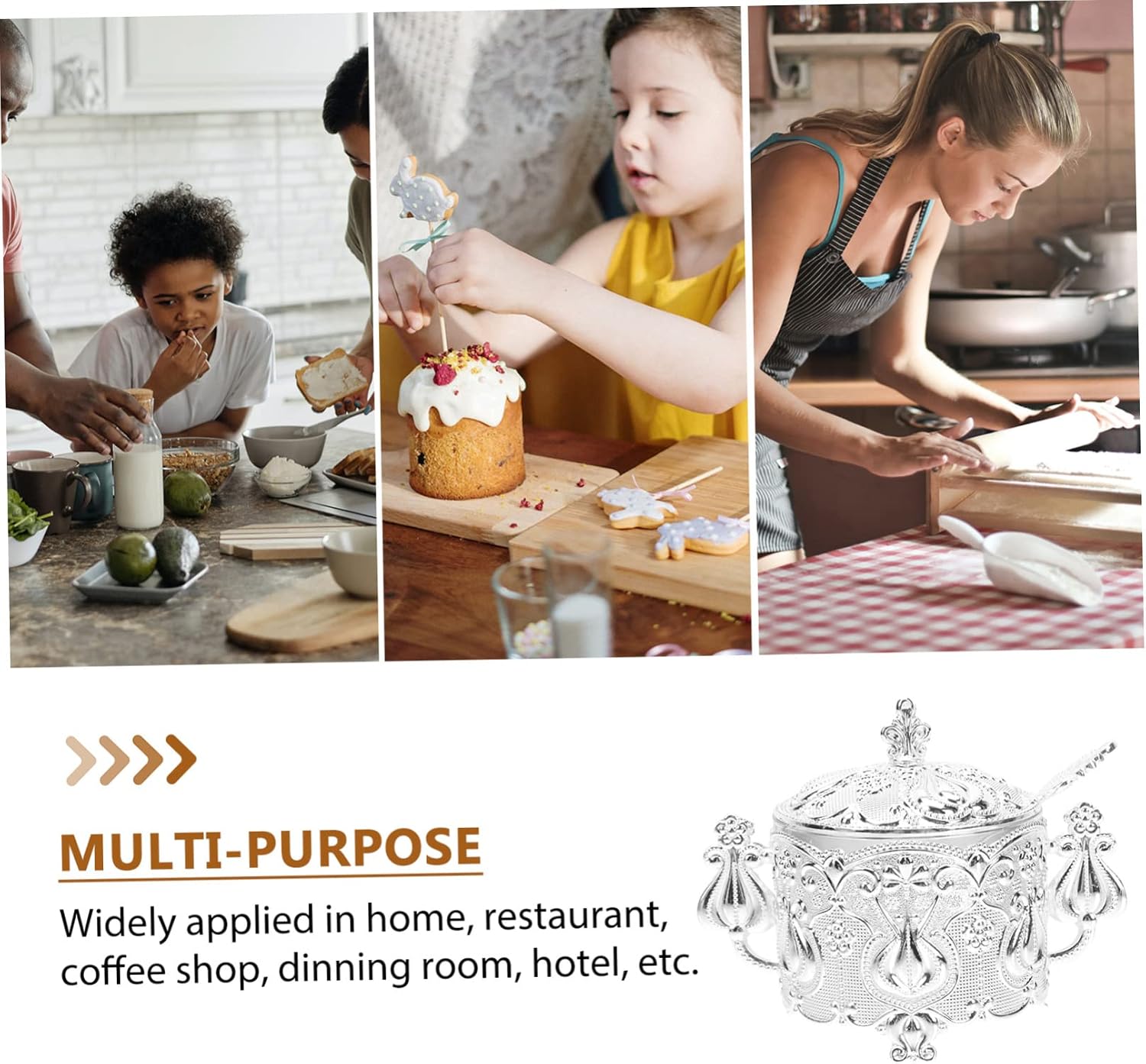 Cabilock Vintage Zinc Alloy Sugar Bowl with Lid and Spoon Stylish European Style Condiment Canister for Kitchen Counter Metal Craft with Slot for Spoon for Sugar Salt and Creamer Storage