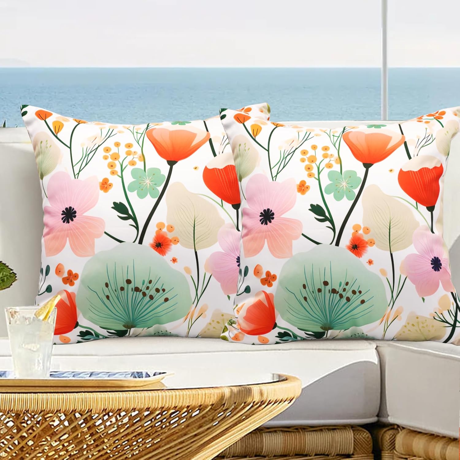 Floral Outdoor Throw Pillow Covers 18x18 Waterproof Colorful Summer Spring Garden Decorative Square Patio Pillows Outdoor Pillows Covers for Patio Furniture Set of 2 (No Pillow Insert)
