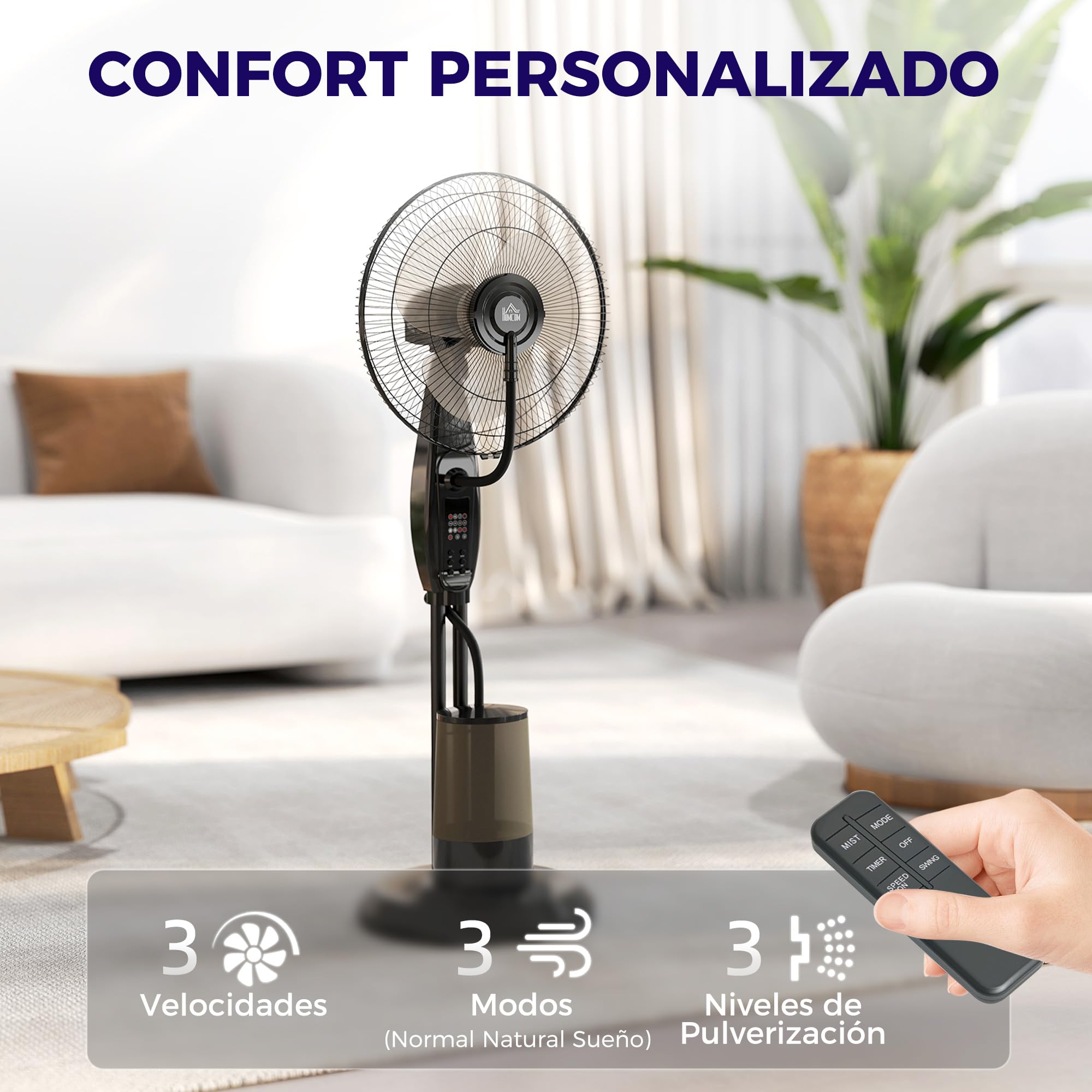 HOMCOM Ventilador Nebulizador de Agua 75 W con Mando a Distancia Ventilador de Pie Oscilante Temporizador Tanque 3,2L 3 Velocidades 3 Aspas y Pantalla LED Ø44,5 cm Negro