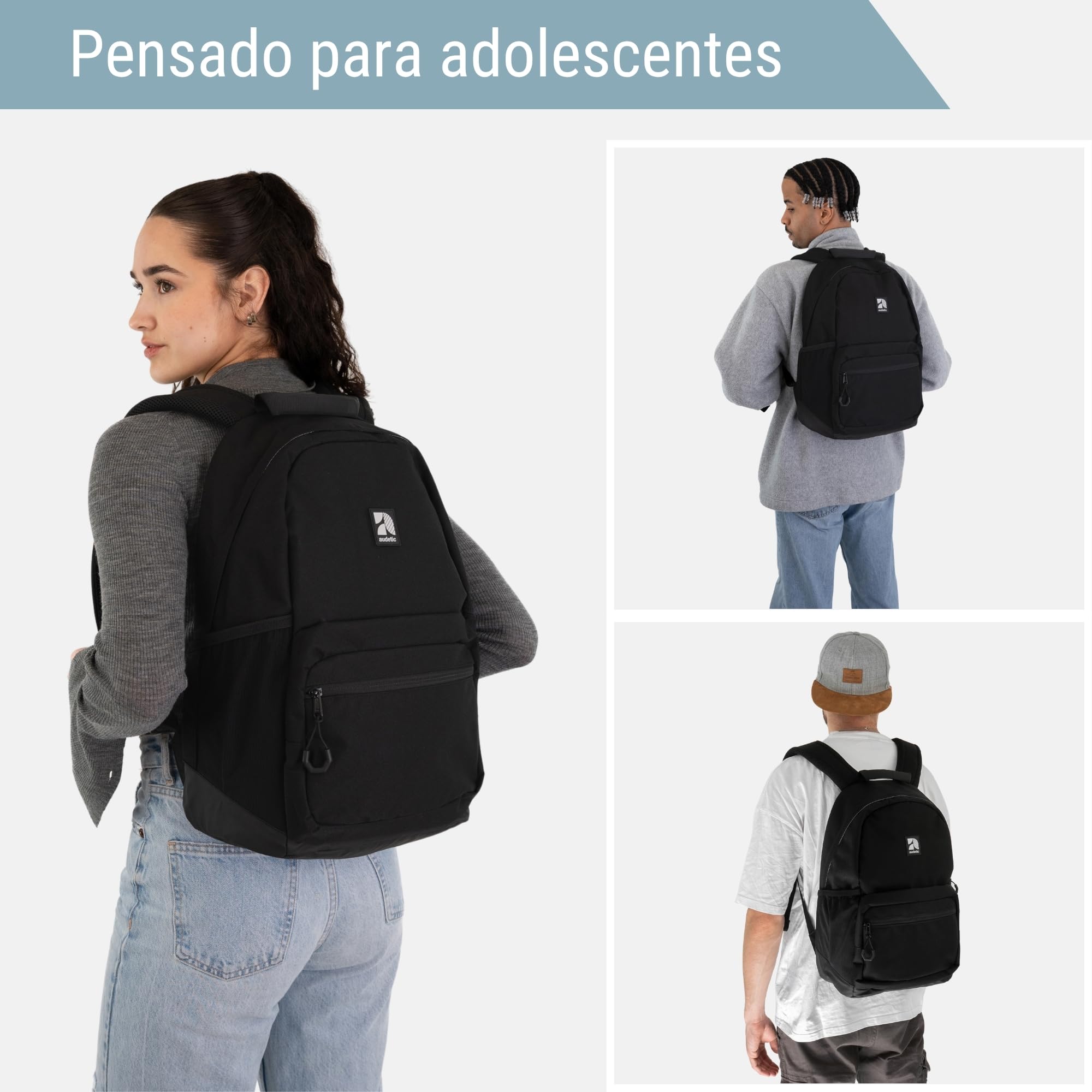 AUDETIC Mochila Mujer, Hombre y Niña Negro - Flex - Mochila Escolar Aesthetic para Portátil - Grande Bolso para Colegio y Viaje Adolescentes - Impermeable