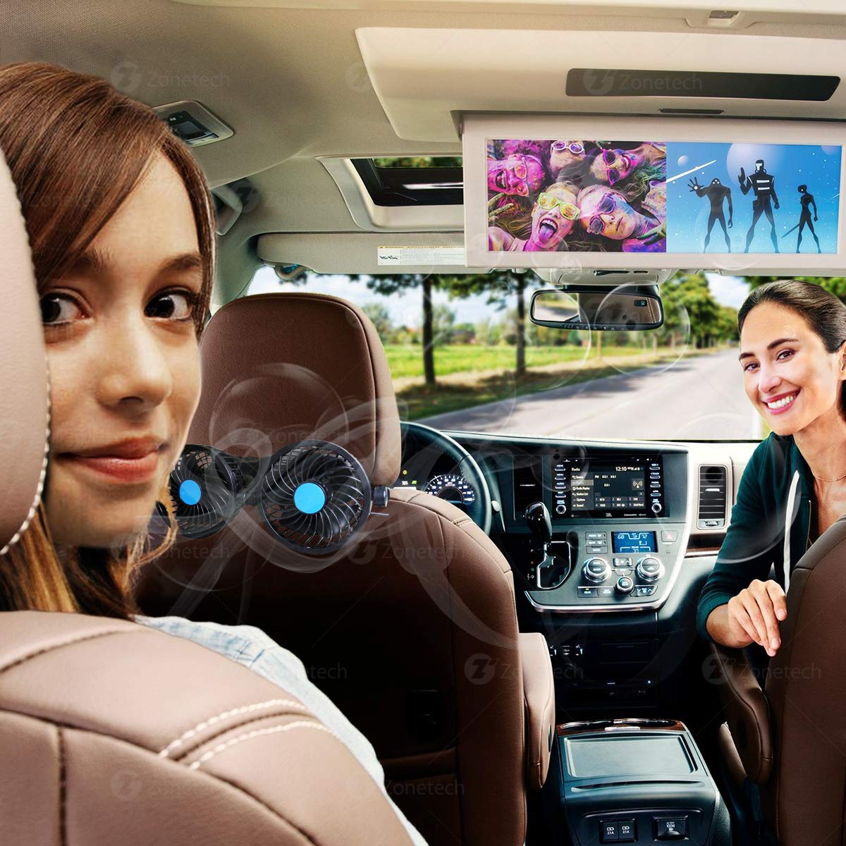 Exсluѕіvе Car Cooling Air Fan 12V- Zone Tech 12V Dual Head Car Auto Electric Cooling Air Fan for Rear Seat - Powerful Quiet 2 Speed 360 Degree Rotatable 12V Ventilation Rear Seat with Kids Safe Design
