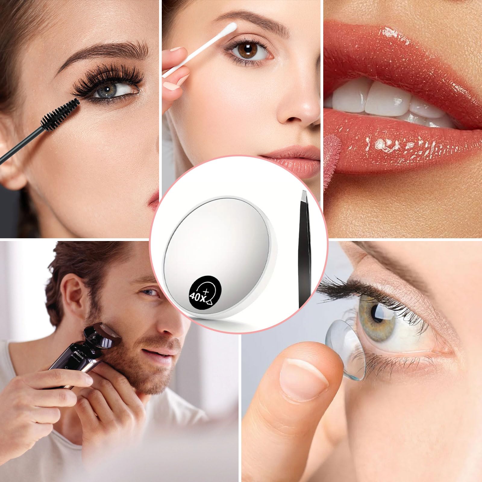 Dreamil 40X Specchio ingranditore con ventosa e pinzette | Specchio cosmetico professionale per trucco preciso e correzione delle sopracciglia, ideale per viaggi (nero)