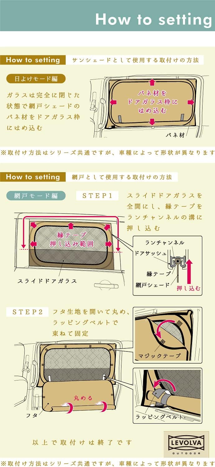 LEVOLVA OUTDOOR スライドドアガラス用 2WAY網戸シェード C28系 C27系セレナ e-POWER ハイウェイスタ