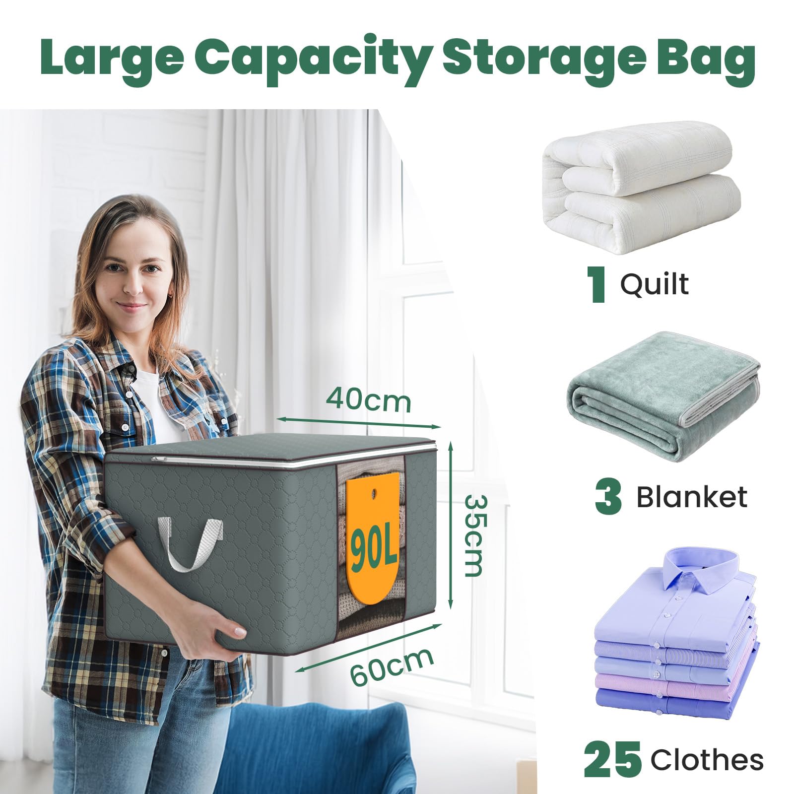 Confezione Da 3 Sacchi Portaoggetti Extra Large - Borsa Con Finestra Trasparente Borsa Pieghevole Grigio 90 Litri 82611576