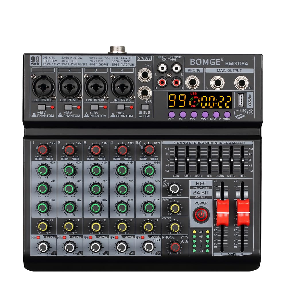 BOMGE Mixeur audio DJ professionnel 06 A 6 canaux, mixeur sonore avec 99 effets DSP, égaliseur 7 bandes indépendant, 48 V, interface Bluetooth USB, enregistrement pour studio, scène, fête,