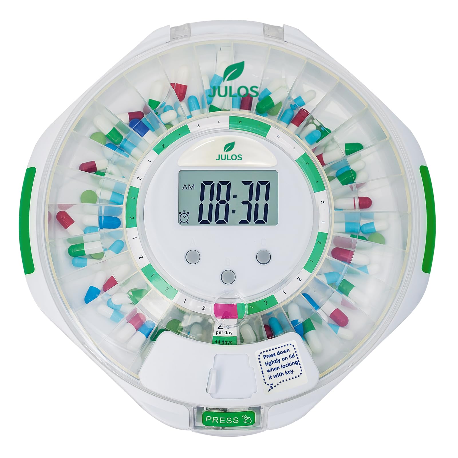 Photo 1 of JULOS 28-Day Automatic Pill Dispenser with Audio & Visual Alerts for Elderly, up to 6 Alarms/Day, Easy-Read LCD Display, 9 Dosage Templates, Lock Medicine Dispenser for Medication, Vitamins, Clear Lid
