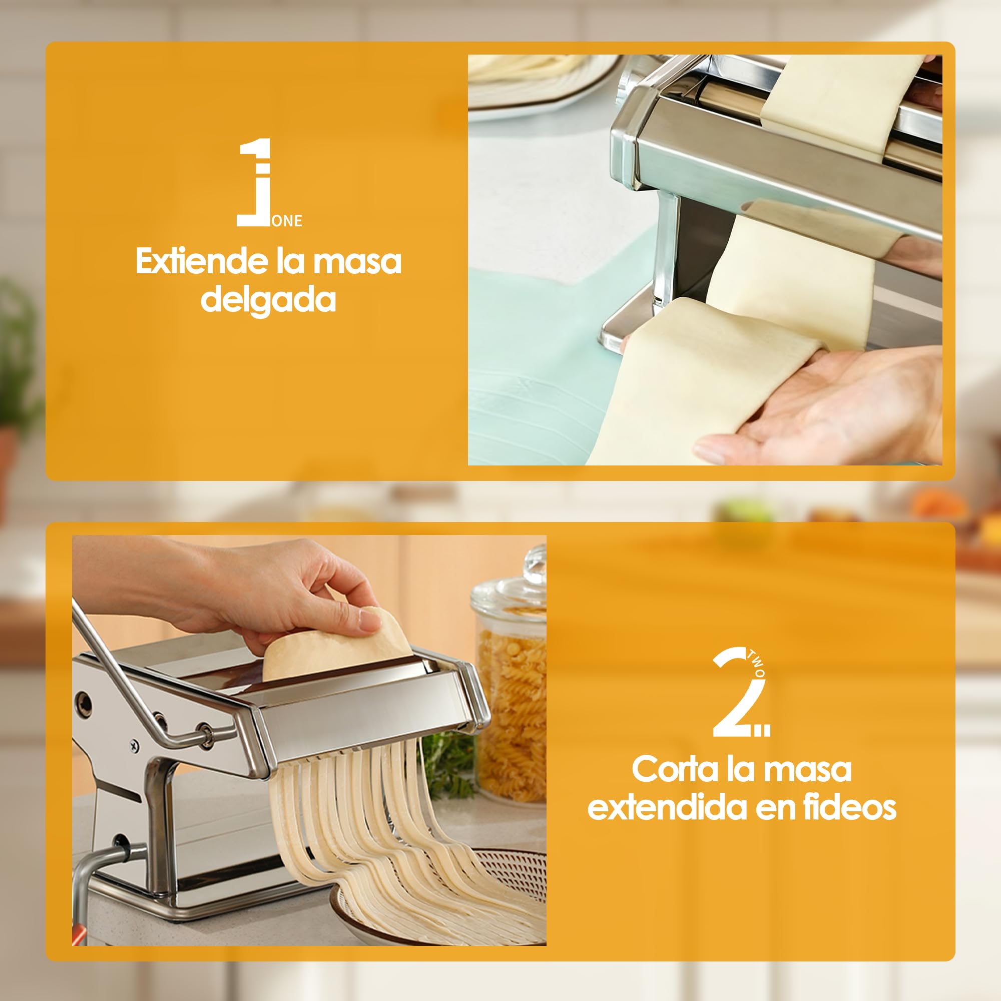 Máquina para Hacer Pasta Manual, Máquina para Hacer Pasta Profesional de Acero Inoxidable con 9 Ajustes de Espesor Ajustables y 2 Cortadores, para Espaguetis, Fettuccini, Lasaña