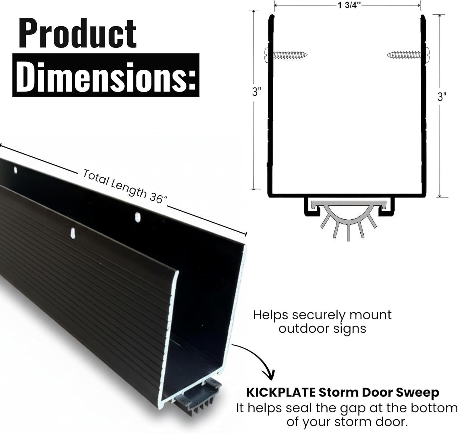 KC Hardware Storm 1-3/4” Wide x 3" Height U WRAP KICKPLATE Storm Door Bottom Sweep Replacement, Aluminum Expander for All Doors Weatherstripping 36” Length (Black)