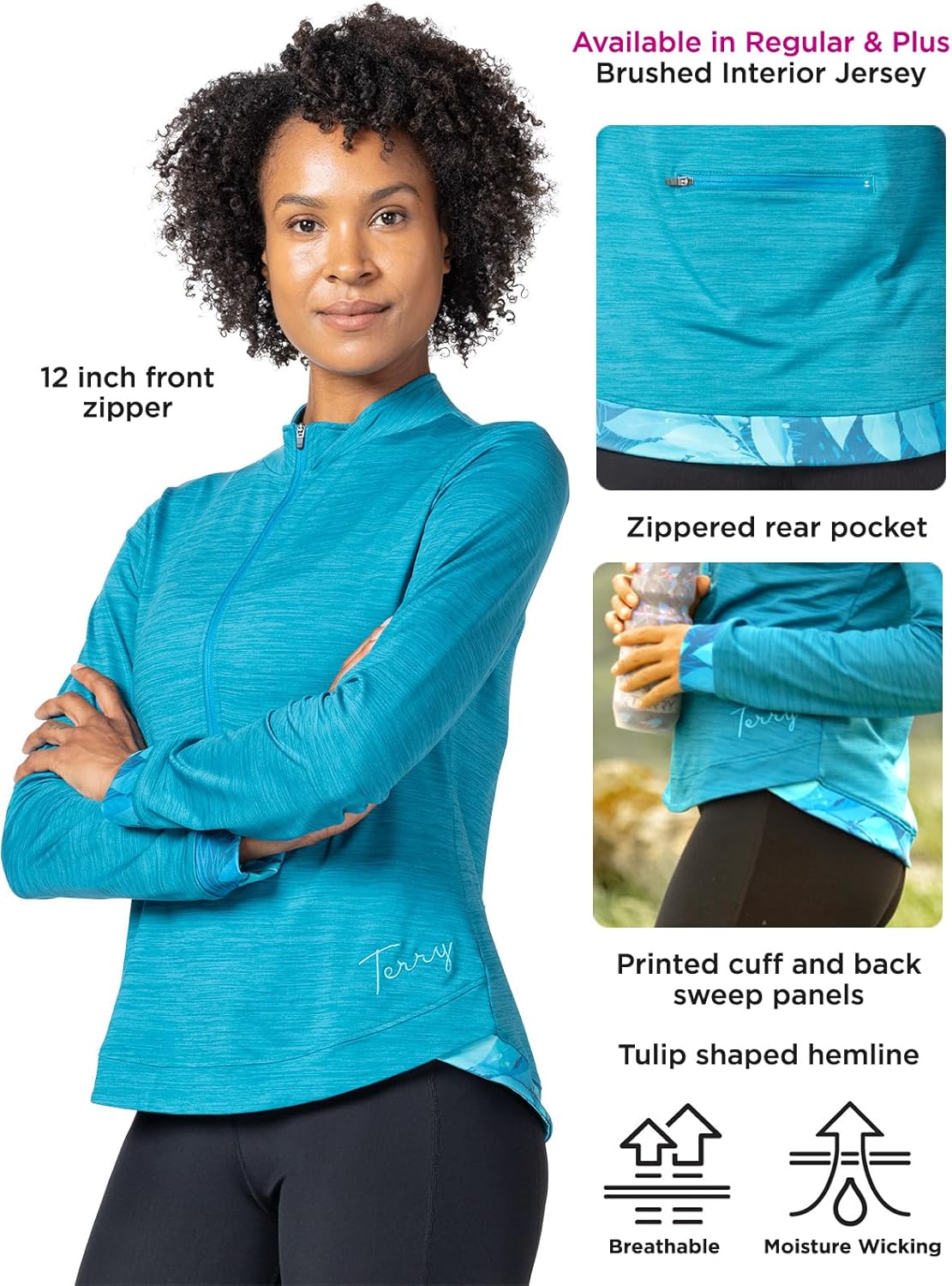 Terry Cycling Jersey Womens Tulip Thermal Long Sleeve Bike Top for Women, Cool Weather Riding, Reg & Plus