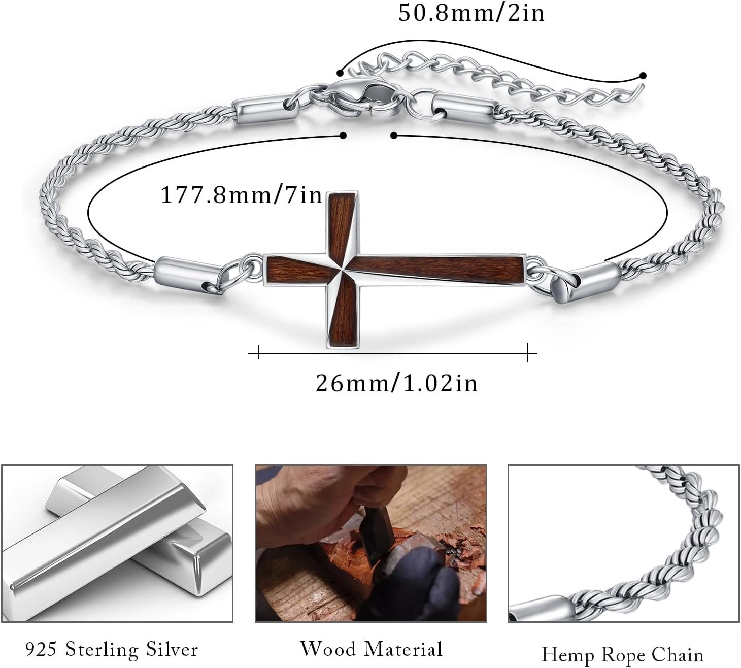Cross Bracelet for Men Women, 925 Sterling Silver Cross Bracelet Adjustable Christian Jewelry Gift for Men Women.