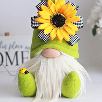 Small Sunflower Gnome Plush Perfect for Spring Home Decor and Gifts for Women, Ideal World Bee Day Decorations for Kitchen or Tiered Tray Summer Display, Green