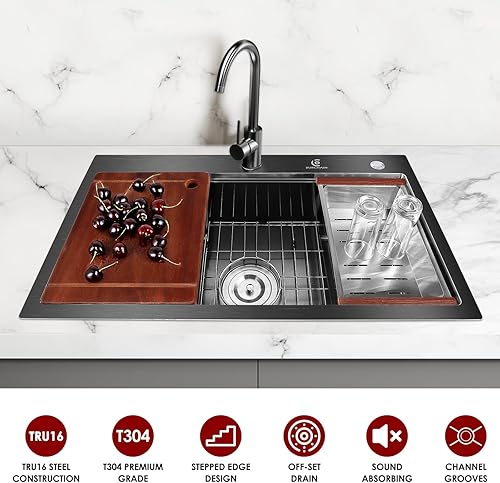Miniatura 4 de Fregadero de cocina de acero inoxidable de 30 pulgadas, calibre 16, fregadero con estación de trabajo de un solo tazón, lavabo de cocina de montaje
