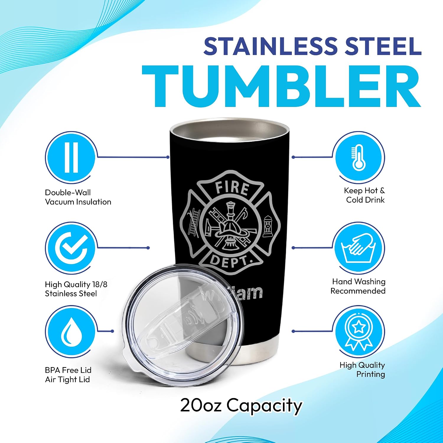 Hyturtle Personalized Firefighter Gifts For Men - Firefighter Printed Custom Name Stainless Steel Tumblers 20oz With Lid - Gift For Firemen Fire Department Dad Men Graduation Birthday Christmas