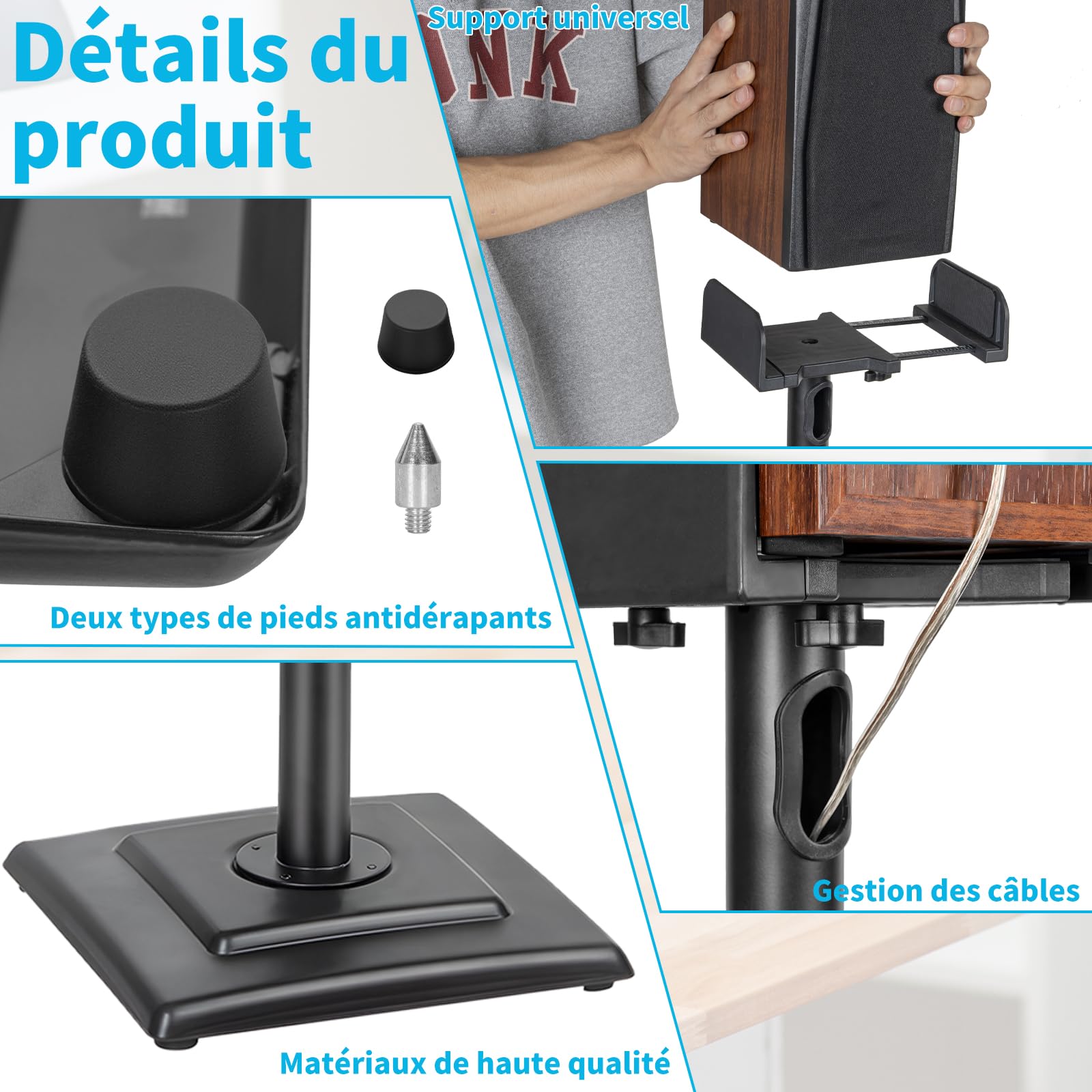 OUUTMEE Lot de 2 Supports d'Enceinte Réglable en Hauteur, Pieds d'Enceinte de Sol avec Gestion des Câbles Jusqu'à 5KG, Supports de Haut-parleurs pour Enceintes Satellites (Noir)