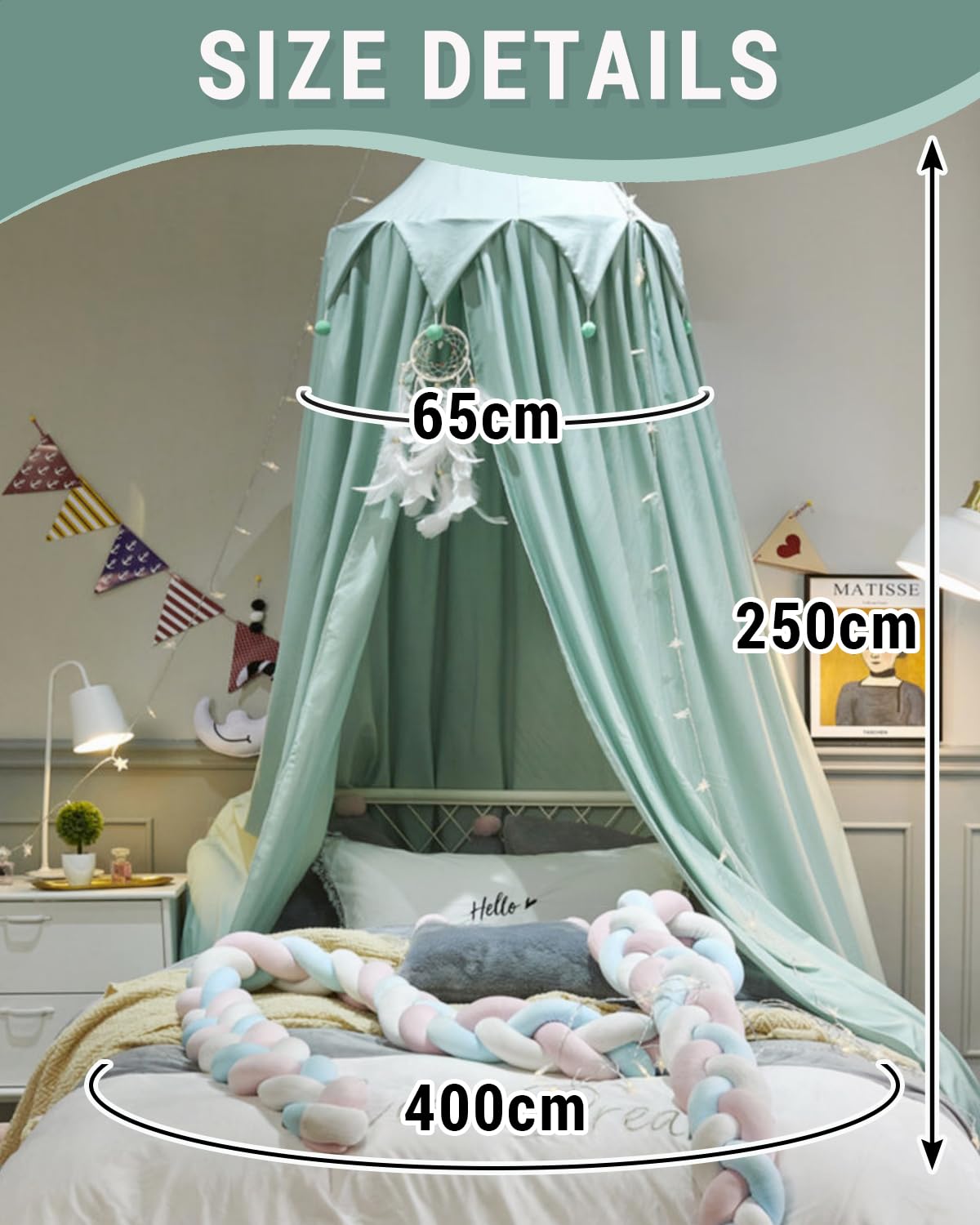 Surwin Ciel de Lit pour Bébé Enfants, Moustiquaire Rideau Baldaquin Dôme Romantique Princesse Tente de Lit avec Ballon, Décoration Chambre à Coucher Dressing Lecture Maison de Jeux (Lac Vert)