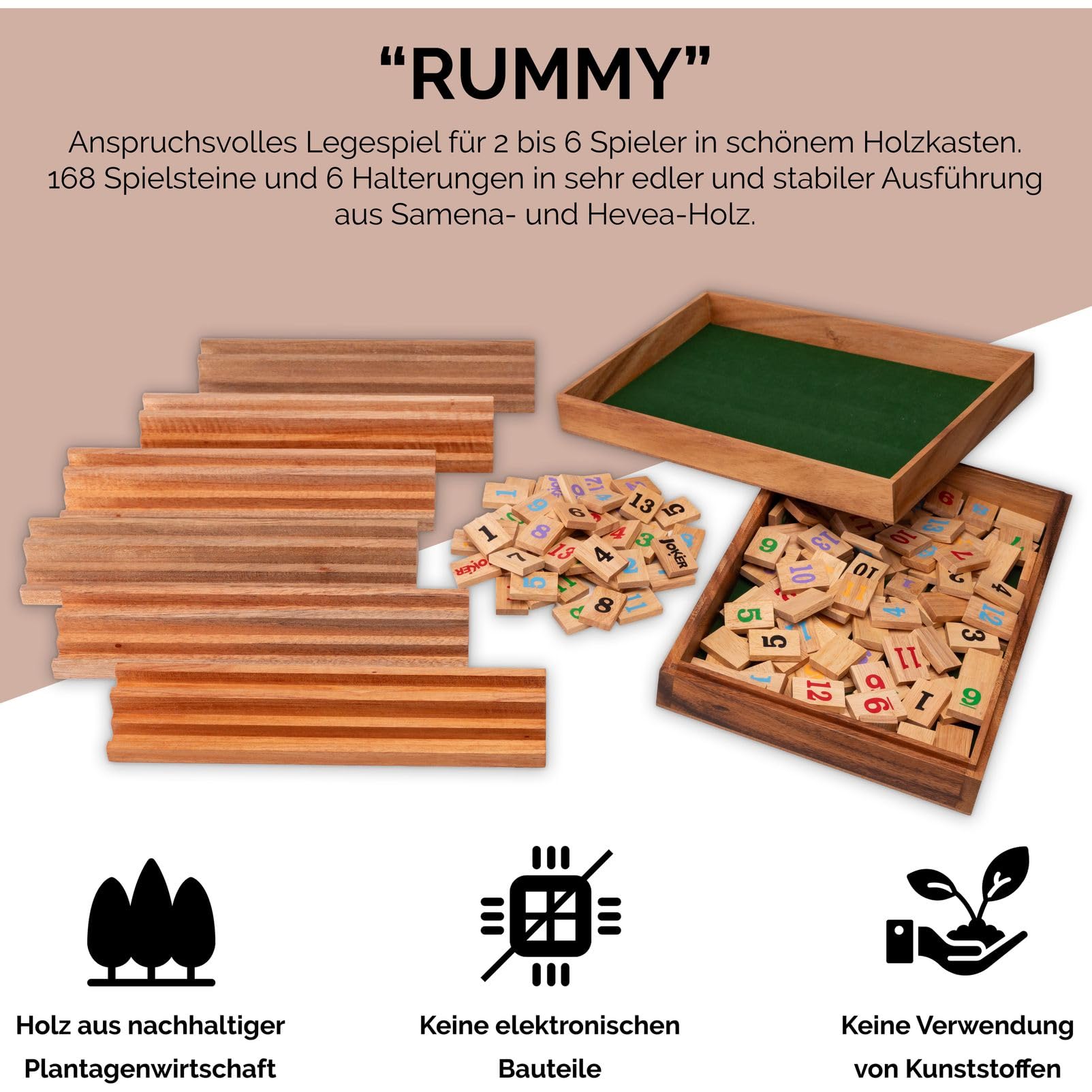 LOGOPLAY Rummy gioco in legno in scatola, 6 giocatori, gioco da tavolo di alta qualità con 6 panchine e pietre da gioco, gioco di società classico, 29 x 20 x 6,5 cm, 2 kg