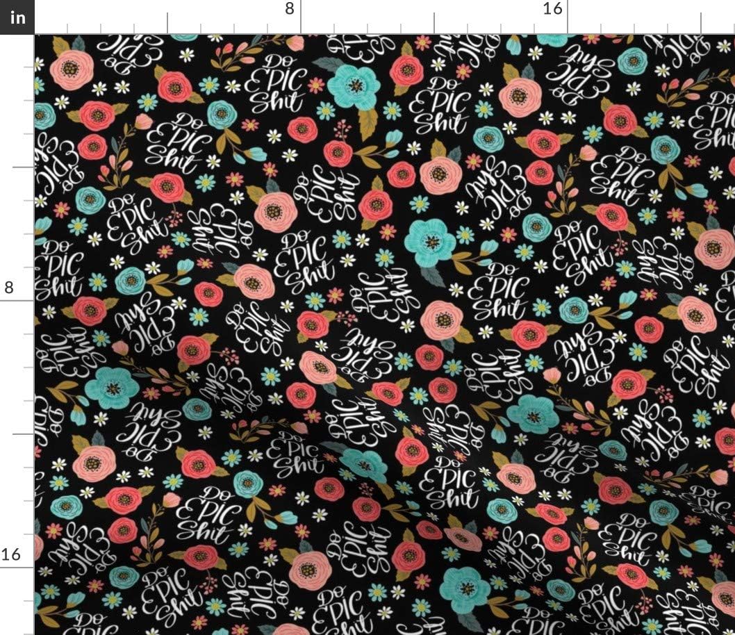 Spoonflower Fabric - Pretty Flowers Floral Turquoise Black Girly Feminine Profanity Curse Printed on Petal Signature Cotton Fabric by The Yard - Sewing Quilting Apparel Crafts Decor