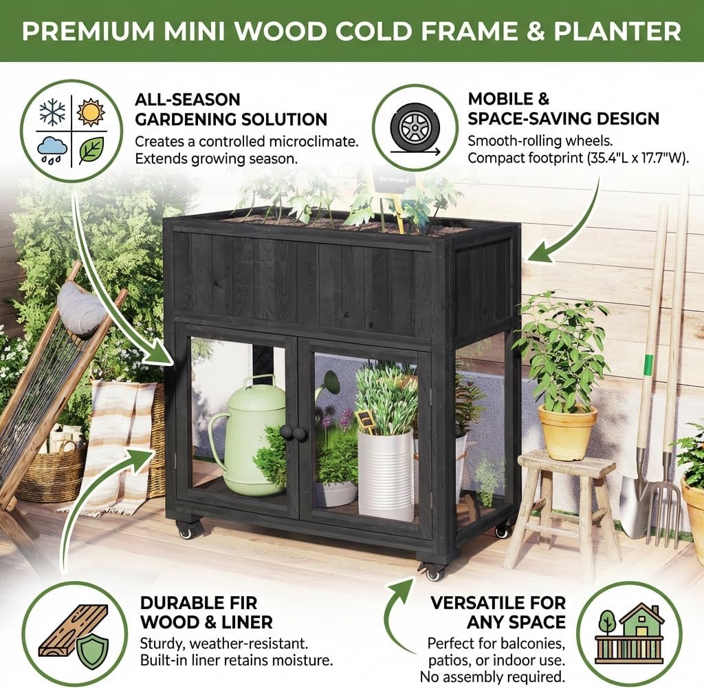 Mini Wood Cold Frame, Compact Garden Greenhouse with Plant Bench Two Doors and Wheels, Raised Potting Bench with Storage Planter Bed with Liner for Indoor Outdoor Potting Bench Use, Black