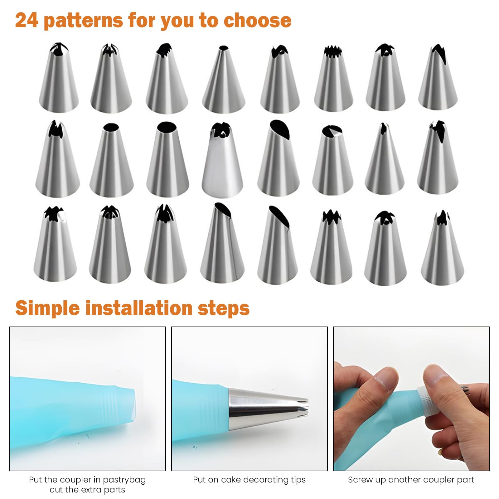Kit de decoración de pasteles con bolsas de repostería reutilizables, 24 puntas de glaseado y 3 raspadores de glaseado, 72 piezas de suministros para hornear galletas y pasteles