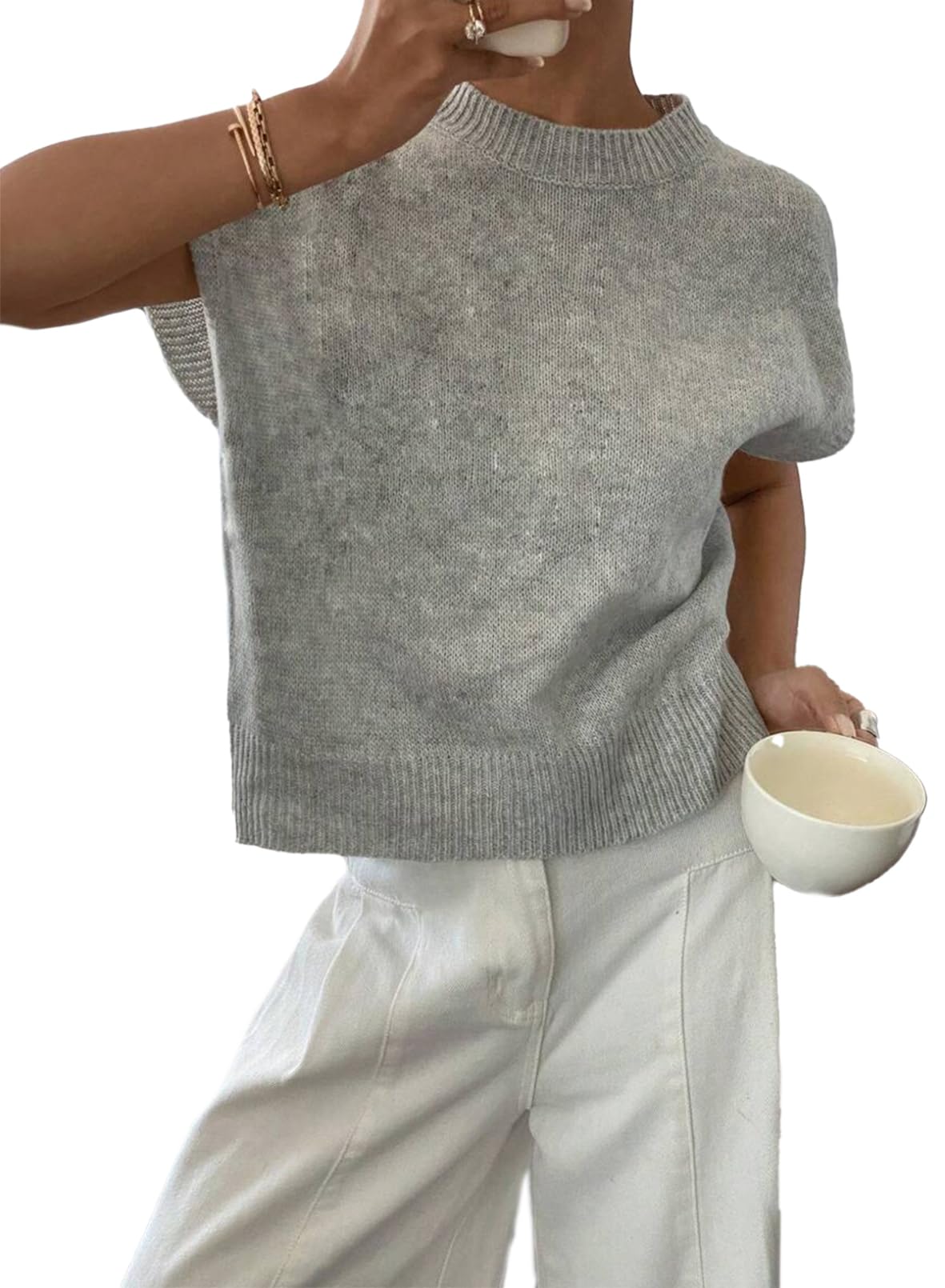 BLENCOT Womens Cap Sleeve Sweaters Summer Casual Short Sleeve Knit Tank Tops Loose Fit Crew Neck Pullover
