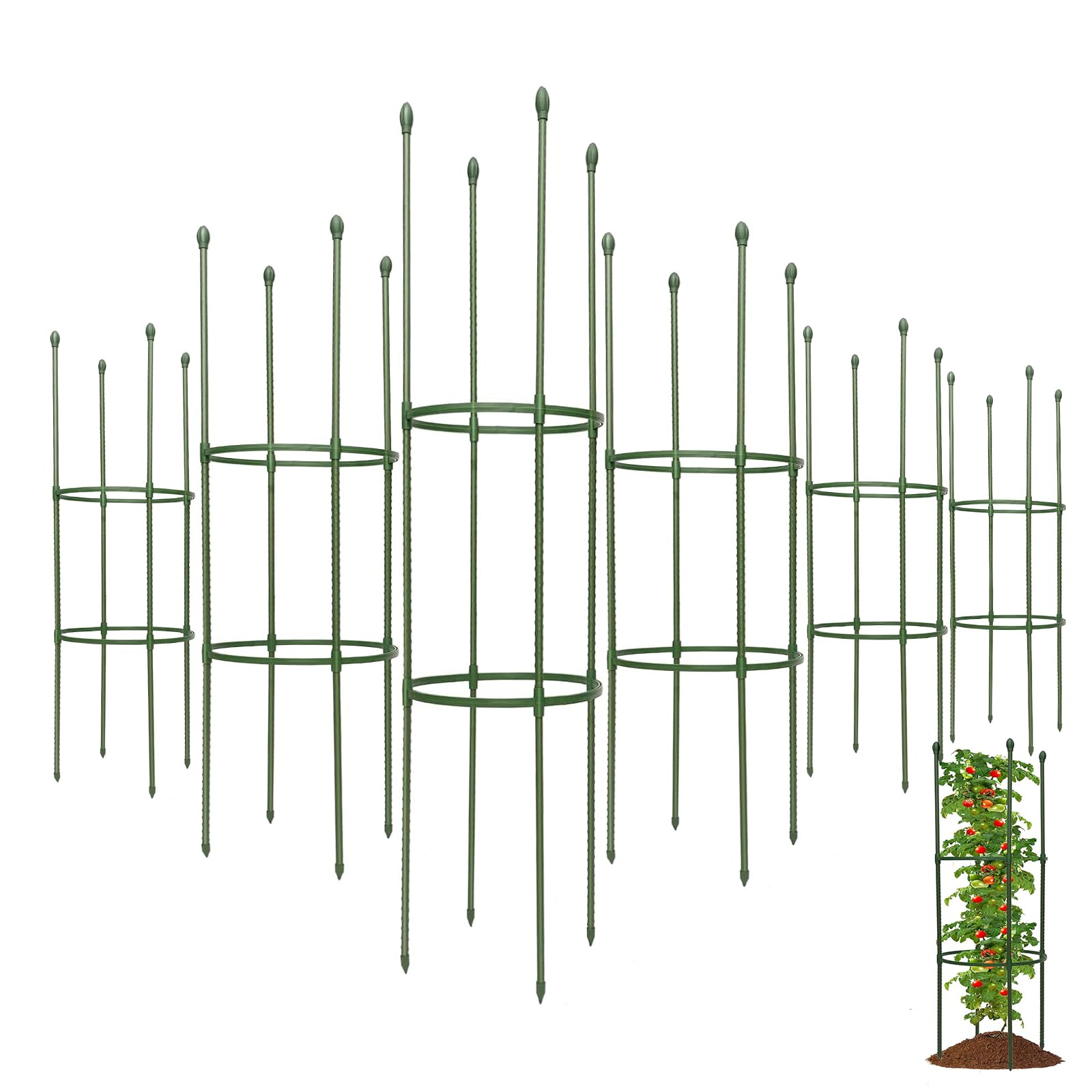 Jaulas de tomate para jardín, 50 pulgadas de alto, estacas de acero resistente, enrejado de pepino actualizado, para plantas trepadoras, vegetales y flores (redonda, 6)