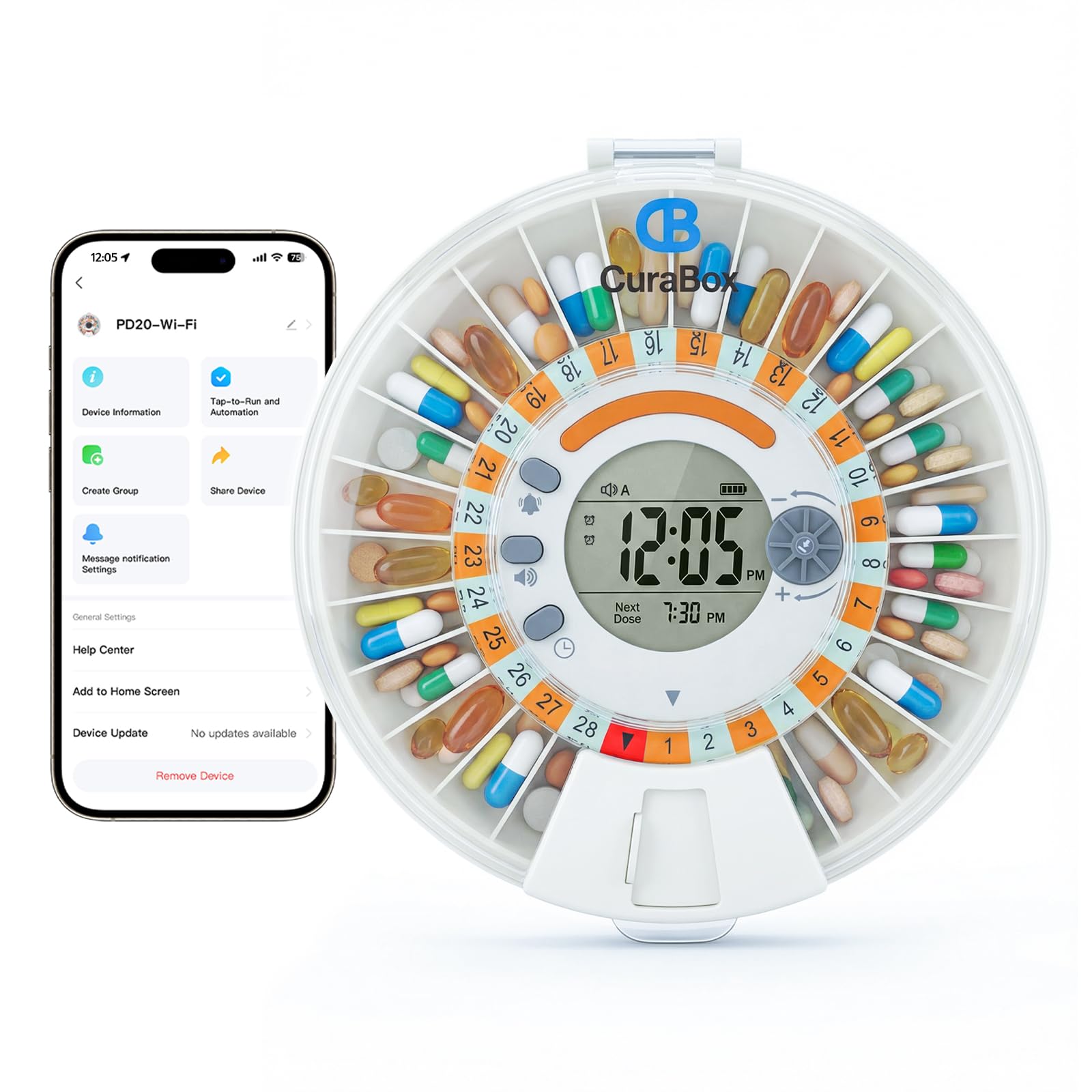 Photo 1 of Wi-Fi Automatic Pill Dispenser 28-Day Medication Assistant for Seniors & Caregivers with Remote App Monitoring, Alarms, Sound Light Reminders, Tracks Adherence History, Clear LCD Display, Key Lock