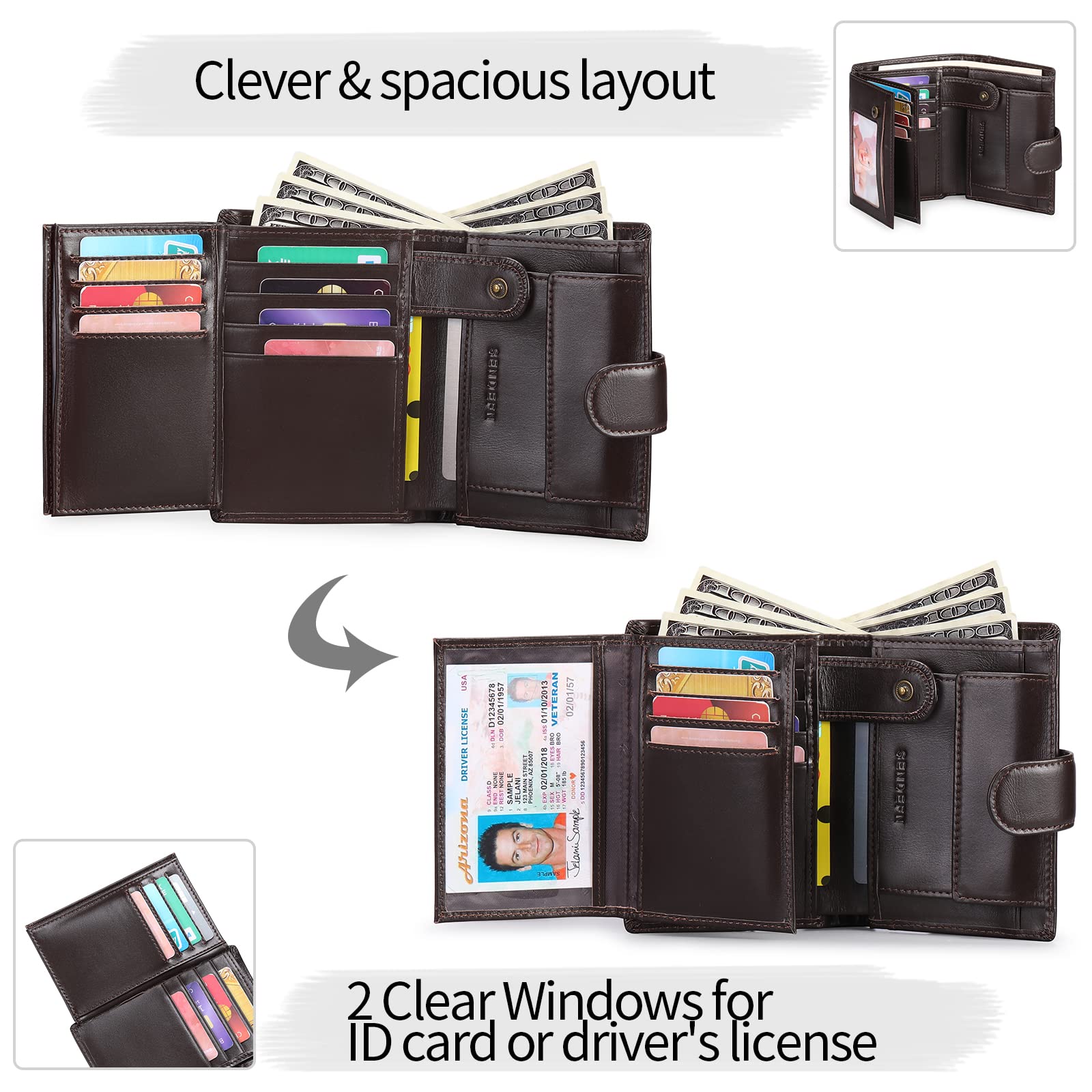 SENDEFN Portefeuille Homme Grand Trifold en Cuir Véritable, Portefeuille pour Homme Blocage RFID avec 19 Emplacements pour Cartes de Crédit, 3 Compartiment à Billets,1 Poche à Monnaie