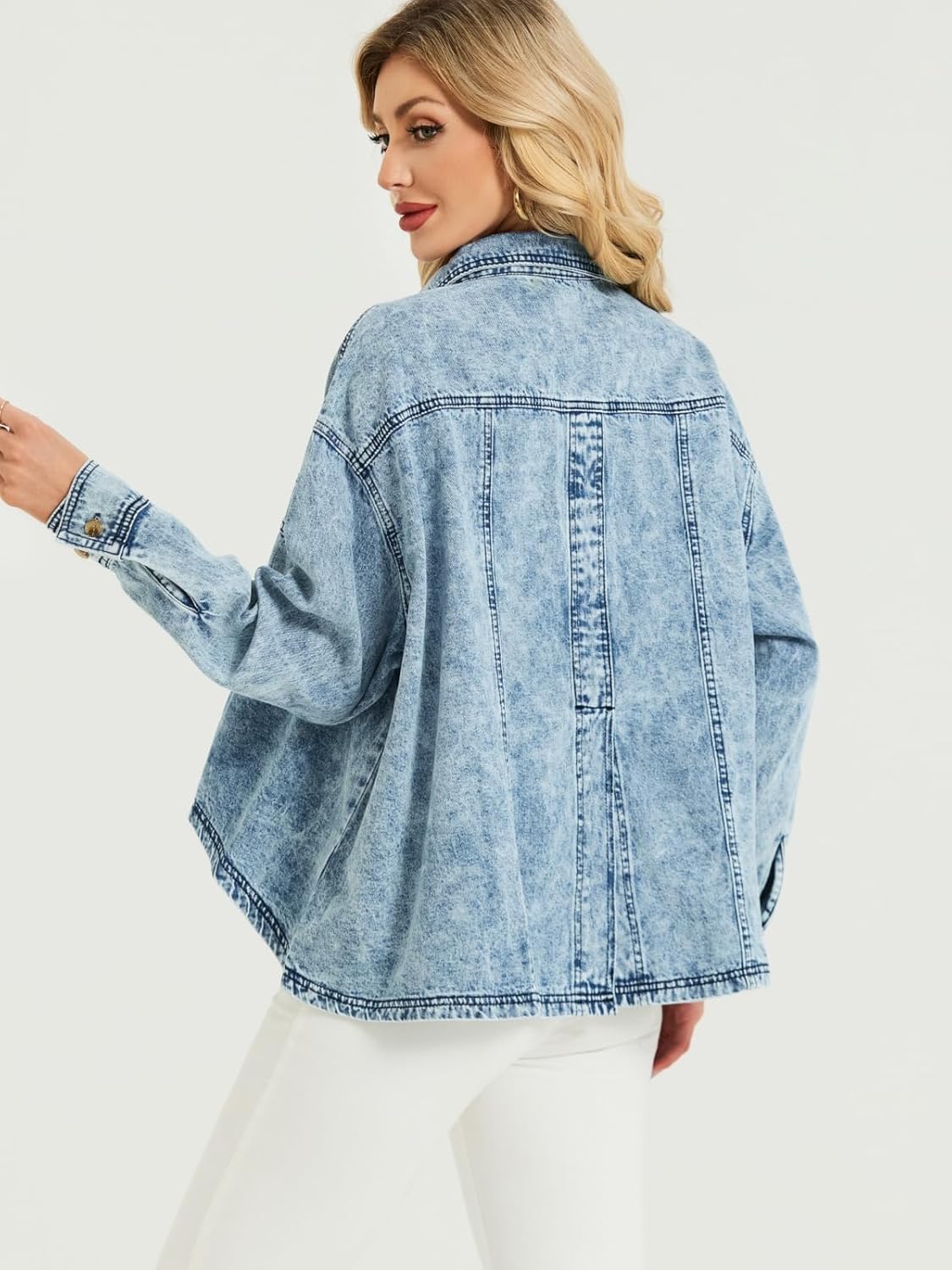LifeShe Oversized Jean Jacket Women Lightweight Batwing Sleeve Denim Shacket Fall Shirt Trendy 2026 - Image 5
