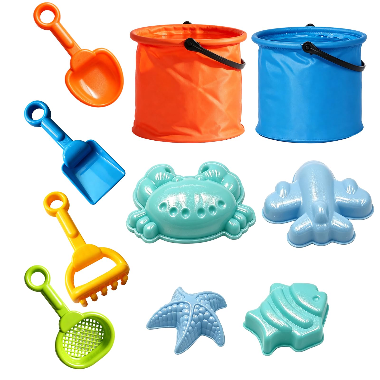 Collapsible Bucket and Spade Kids Beach Set, Buckets and Spades for Kids with 2 Foldable Buckets and 4 Moulds, Sand Toys for Outdoor Play and Creative Activities, 14x14 cm Design for Easy Storage