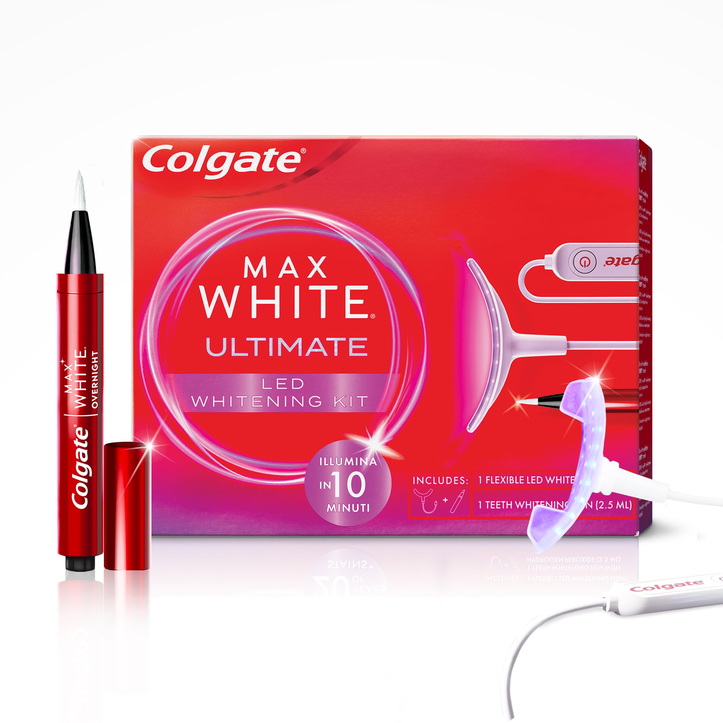 Colgate Max White Ultimate, Kit Sbiancante Denti con Penna Sbiancante Denti + Luce Led sbiancante, Denti Bianchi, Illumina il sorriso in 10 Minuti, Sbiancamento Denti, Sicuro per lo Smalto