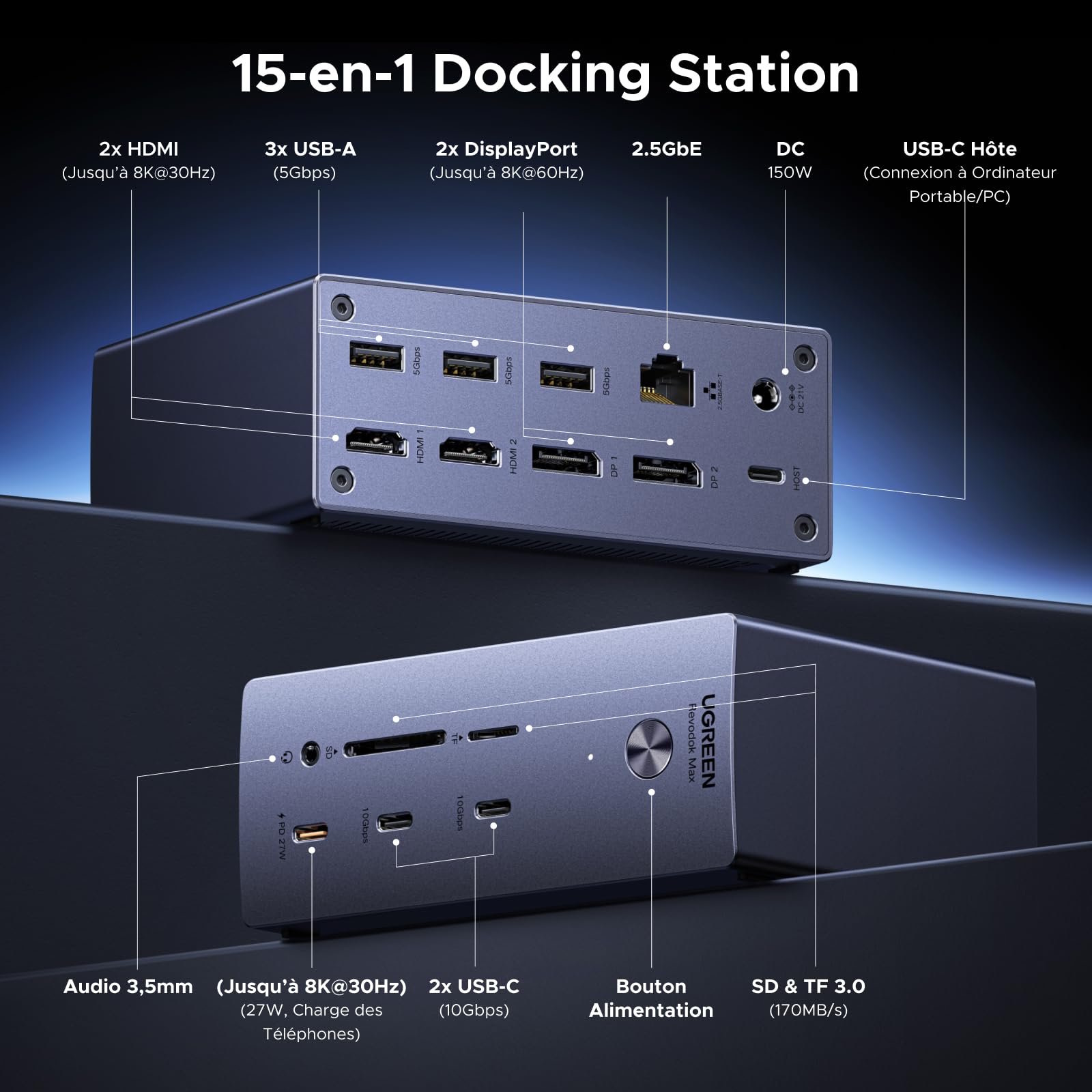 UGREEN DisplayLink Docking Station USB C Quadruple Affichage pour Mac | 15 en 1, 2 DP, 2 HDMI, Unique 8K, Quatre Écrans 4K, 10Gbps, 3A2C, RJ45 2.5GbE, PD 100W Charge, SD TF, Audio 3.5mm, CC 150W