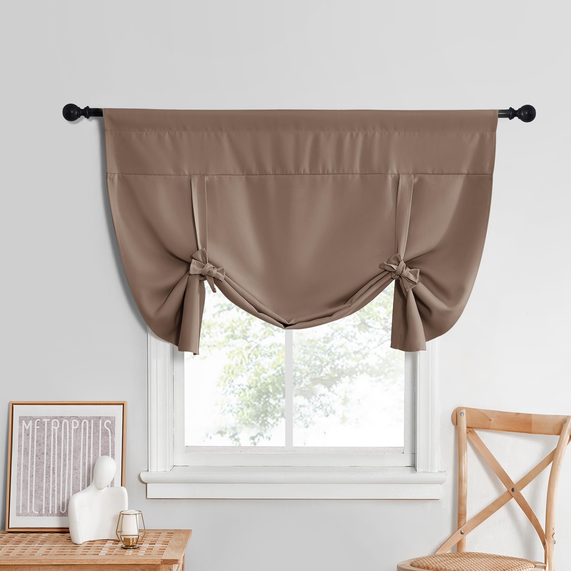 NICETOWN Thermal Insulated Blackout Tie up Curtain for Cafe, Farmhouse Room Darkening Window Shade for Basement,Rod Pocket Adjustable Valances for Small Window, 52" Wide by 45" Long, Cappuccino