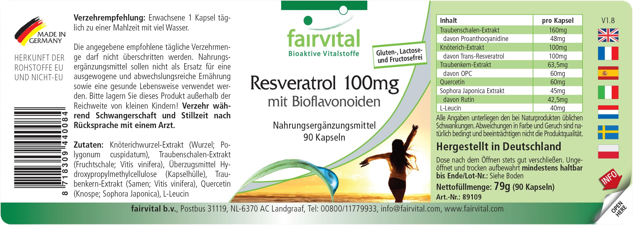 fairvital Resvératrol 100mg en gélules avec bioflavonoïdes, 90 gélules, VÉGÉTALIEN, avec rutine, OPC et quercétine