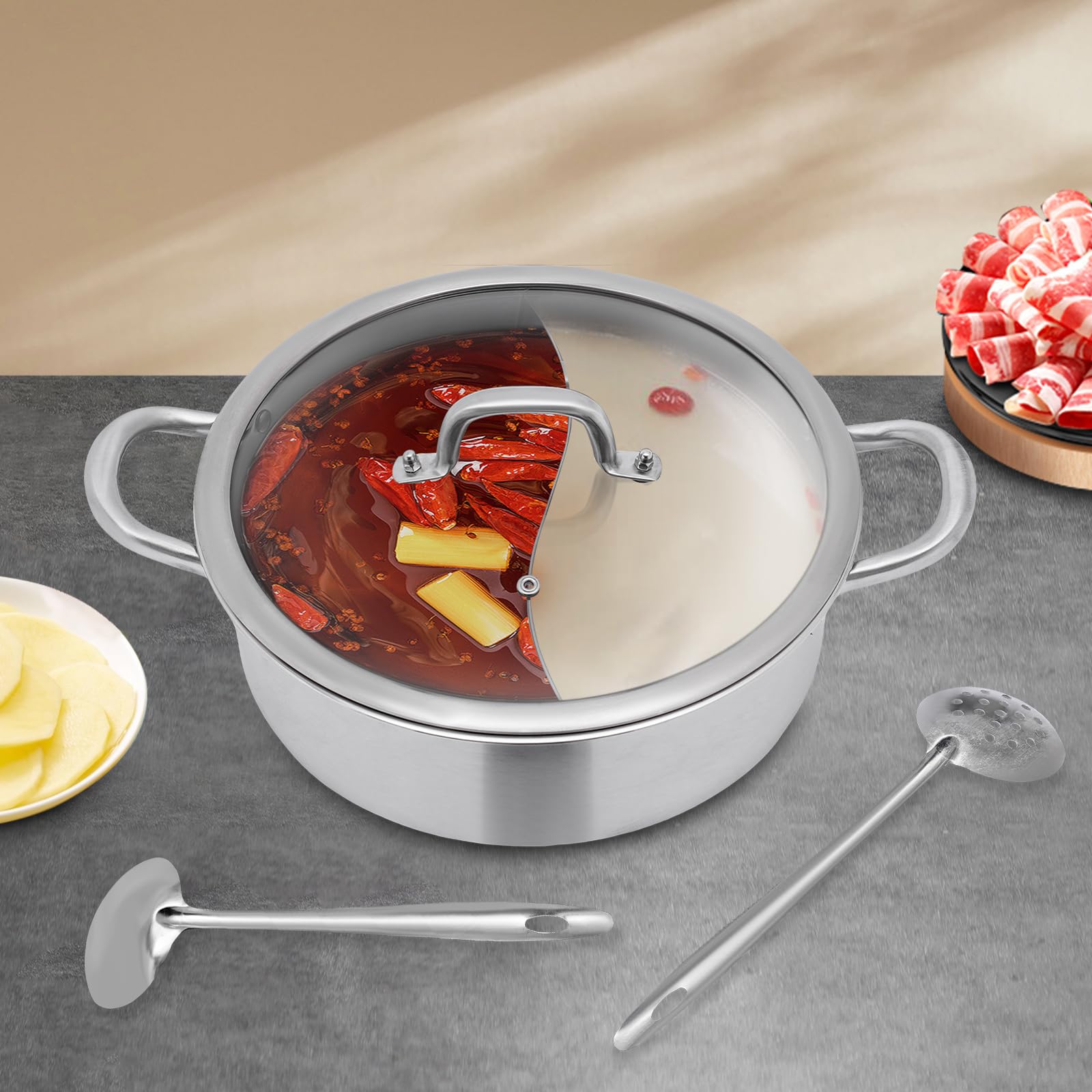 MINRS 304 acciaio inossidabile alimentare shabu 30 cm mandarino duck hot pot con coperchio e cucchiaio, due camere shabu shabu acciaio inox pentola profonda utilizzata con fornello a induzione argento