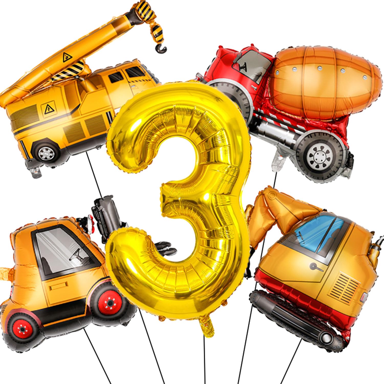 Construction Birthday Party Supplies 3 Year Old, Large Construction Balloons 40Inch Gold Number 3 Balloon Construction Truck Foil Balloons for Boys