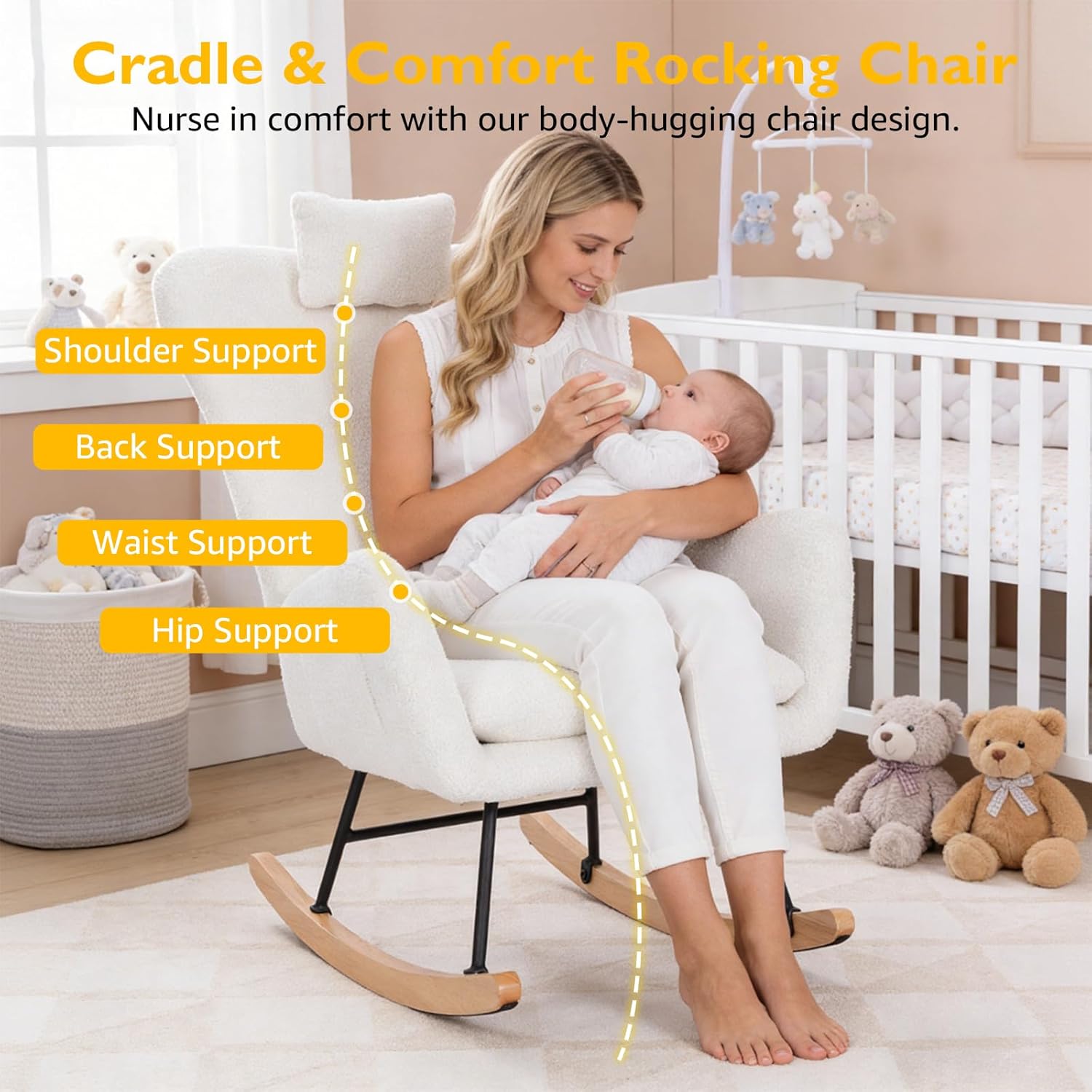 Teddy Glider Rocker Chair, Upholstered Rocking Chair for Nursery, Accent Chair with Headrest/Side Pocket, Comfy Baby Rocker Armchair & Adult Rocking Chair (Teddy, White, Single)