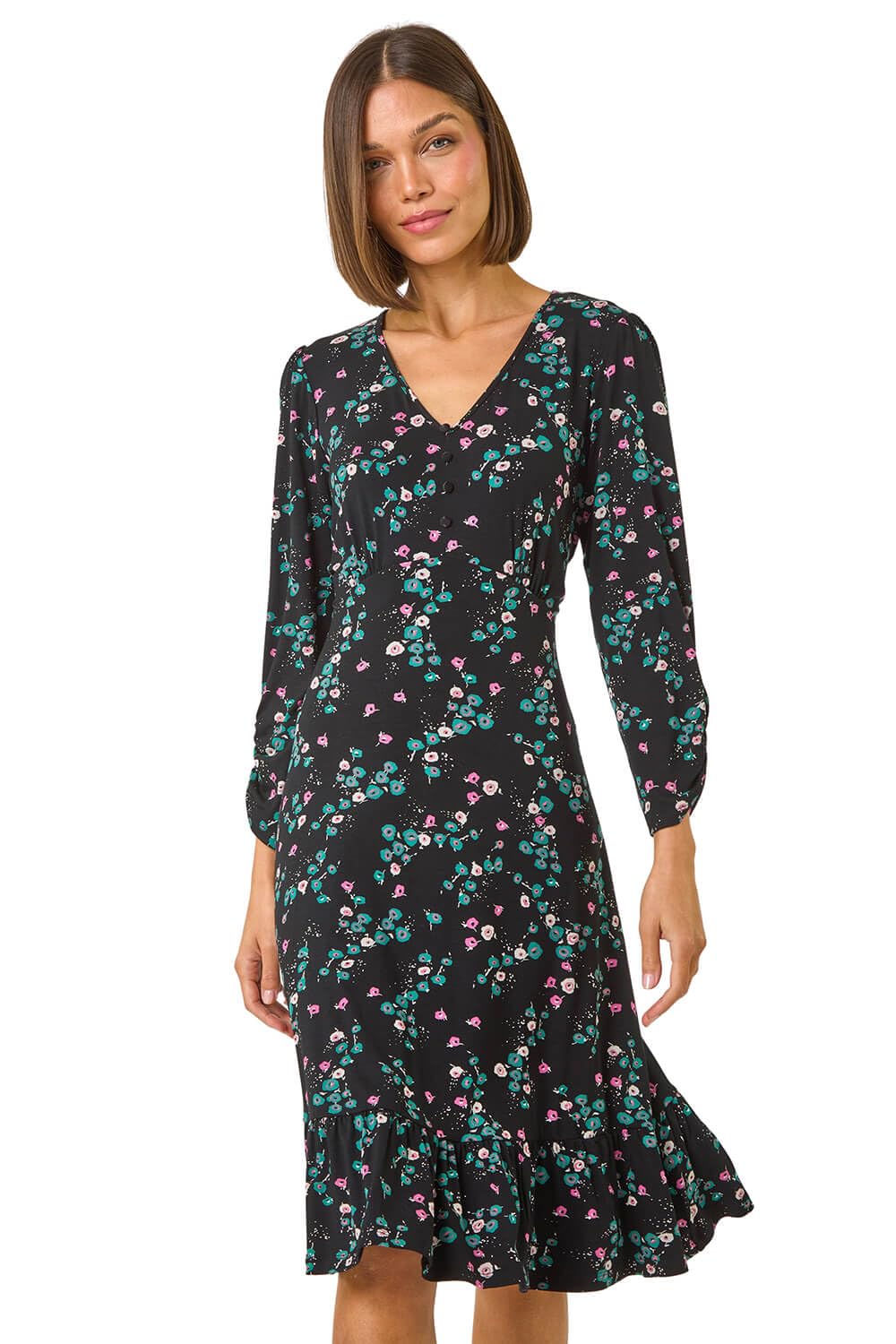 Roman Originals Swing Dress Women UK Ladies Skater Tea Midi A Line Fit & Flare Winter Autumn Casual Smart Cocktail Party Going Out Work Buttons - Black Teal - Size 18