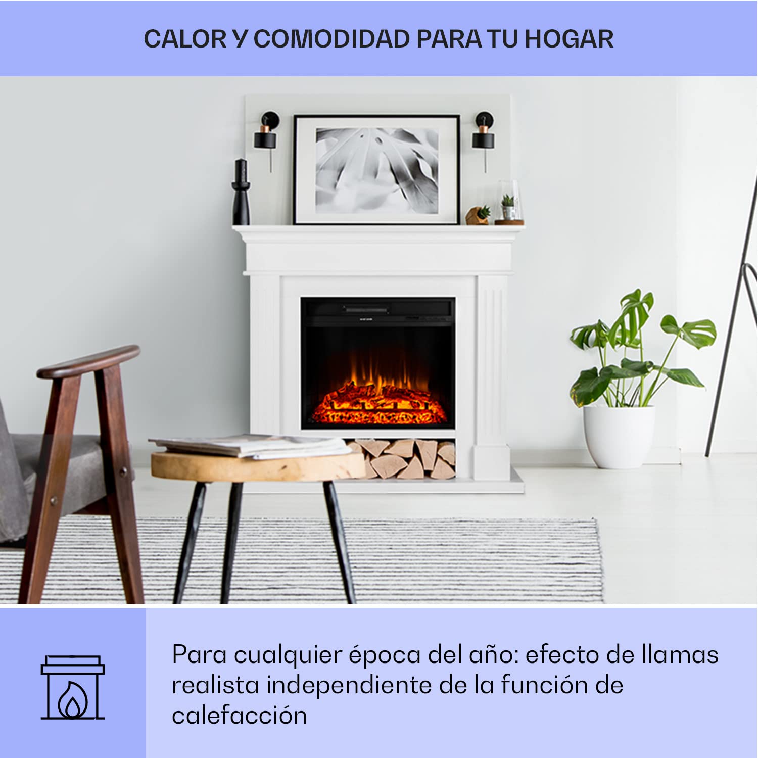 Klarstein Chimenea Electrica Pared, Llama LED con una Potencia de 1800W y Mando, Temporizador y Control Automático de Temperatura, Chimenea Interior Casa con Efecto Troncos, Estufas Interior