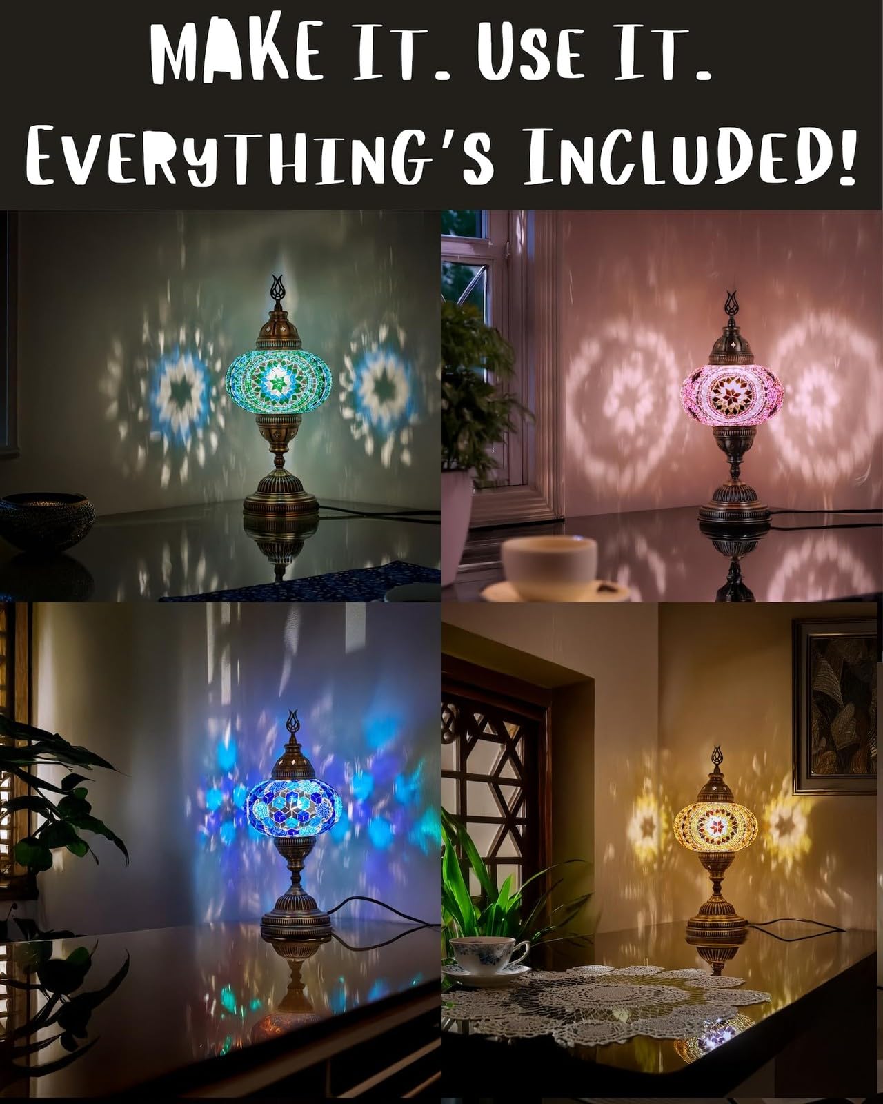 DEMMEX Kit fai da te con lampada a mosaico turco, set regalo completo per adulti e ragazzi, decorazione per la casa facile e divertente, lampada da tavolo (classica, turchese)
