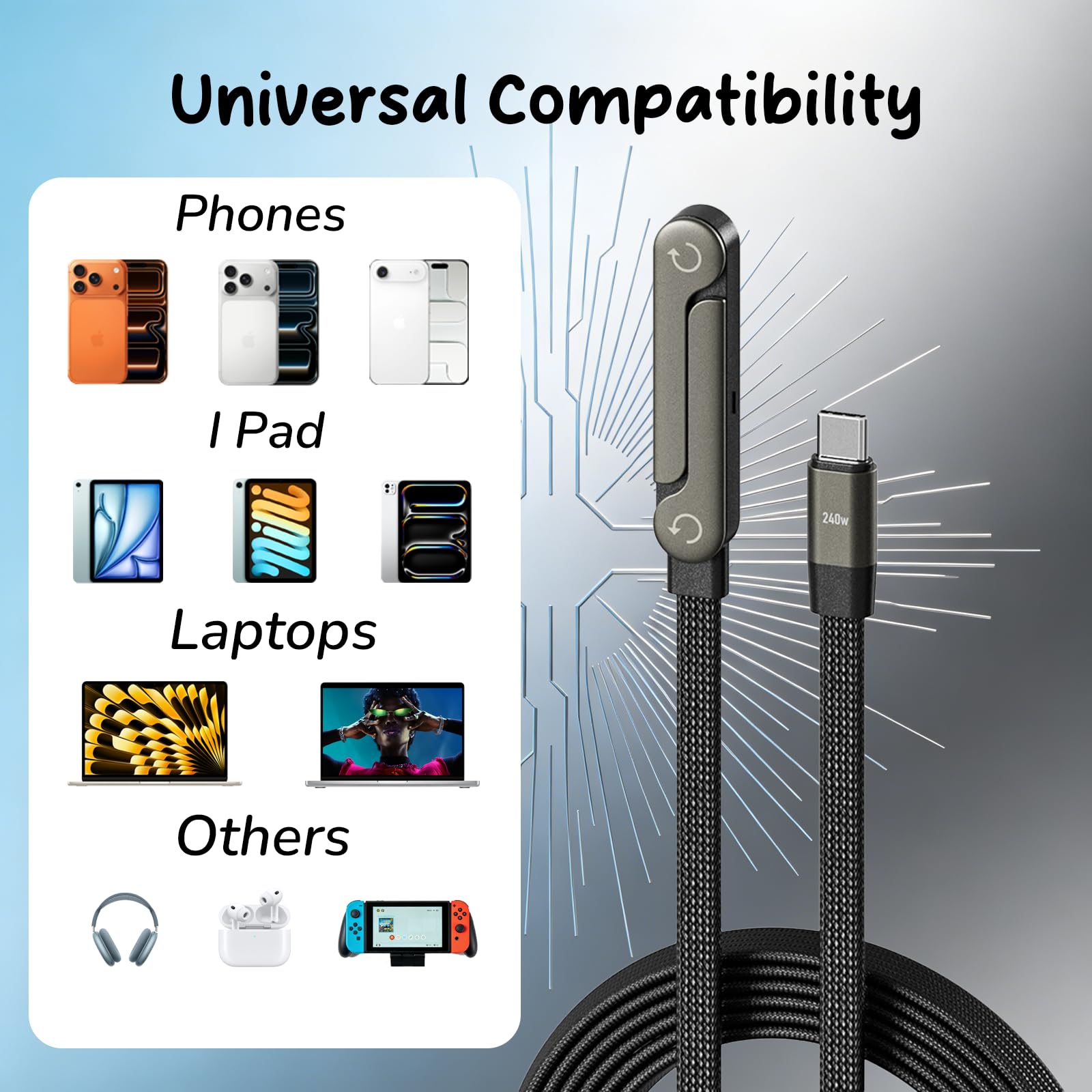 Cavo di ricarica piatto per telefono con supporto regolabile per telefono, angolo retto di 90°, cavo di ricarica rapida da 240 W, cavo di ricarica PD 3.1 intrecciato per iPhone 15, Samsung Galaxy