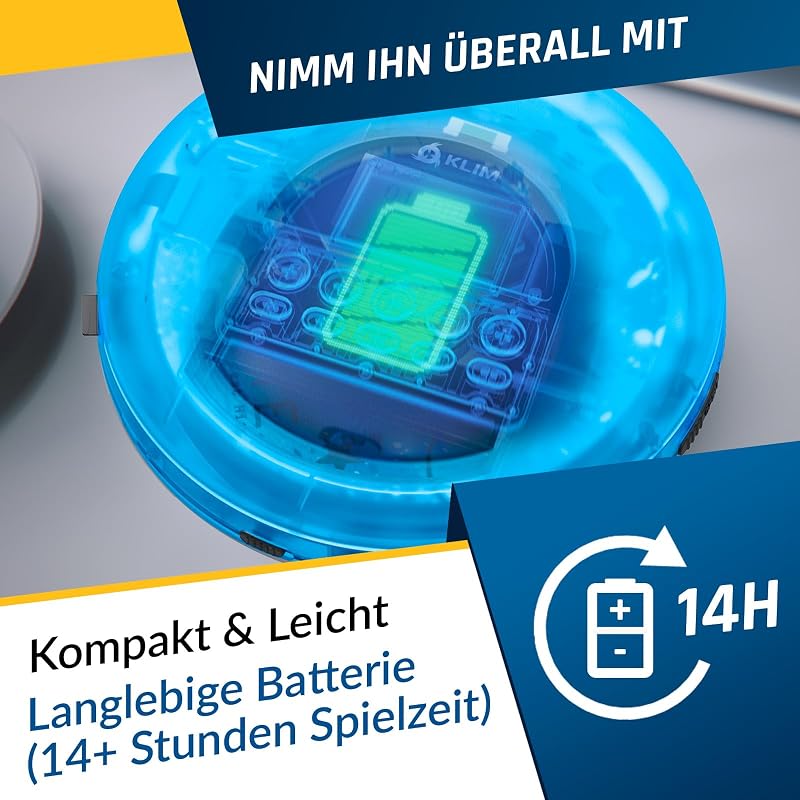 KLIM Nomad CD player portabil transparent albastru, Walkman, MP3, card TF, radio FM, Bluetooth, AUX, durată lungă de viață a bateriei, cu căști, pentru acasă și mașină