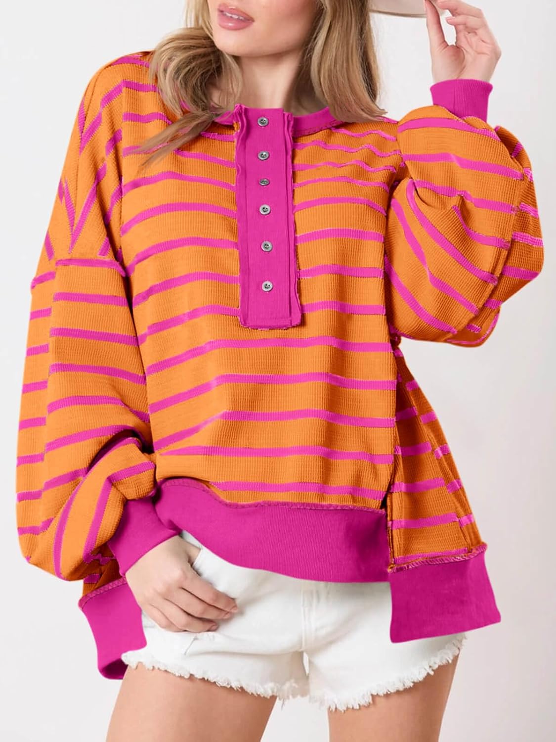Tankaneo Womens Oversized Striped Sweatshirts Henley Shirts Color Block Casual Pullover Waffle Knit Tops - Image 3