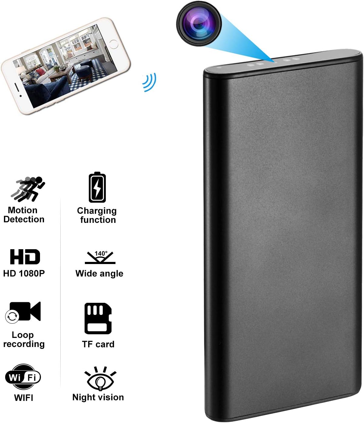 WiFi Spy Cameras 1080P HD 10000mAh Power Bank Hidden Camera with Night Vision, Motion Detection Alarm Push, Real-Time View, Loop Record,  Mini Camera Video Recording