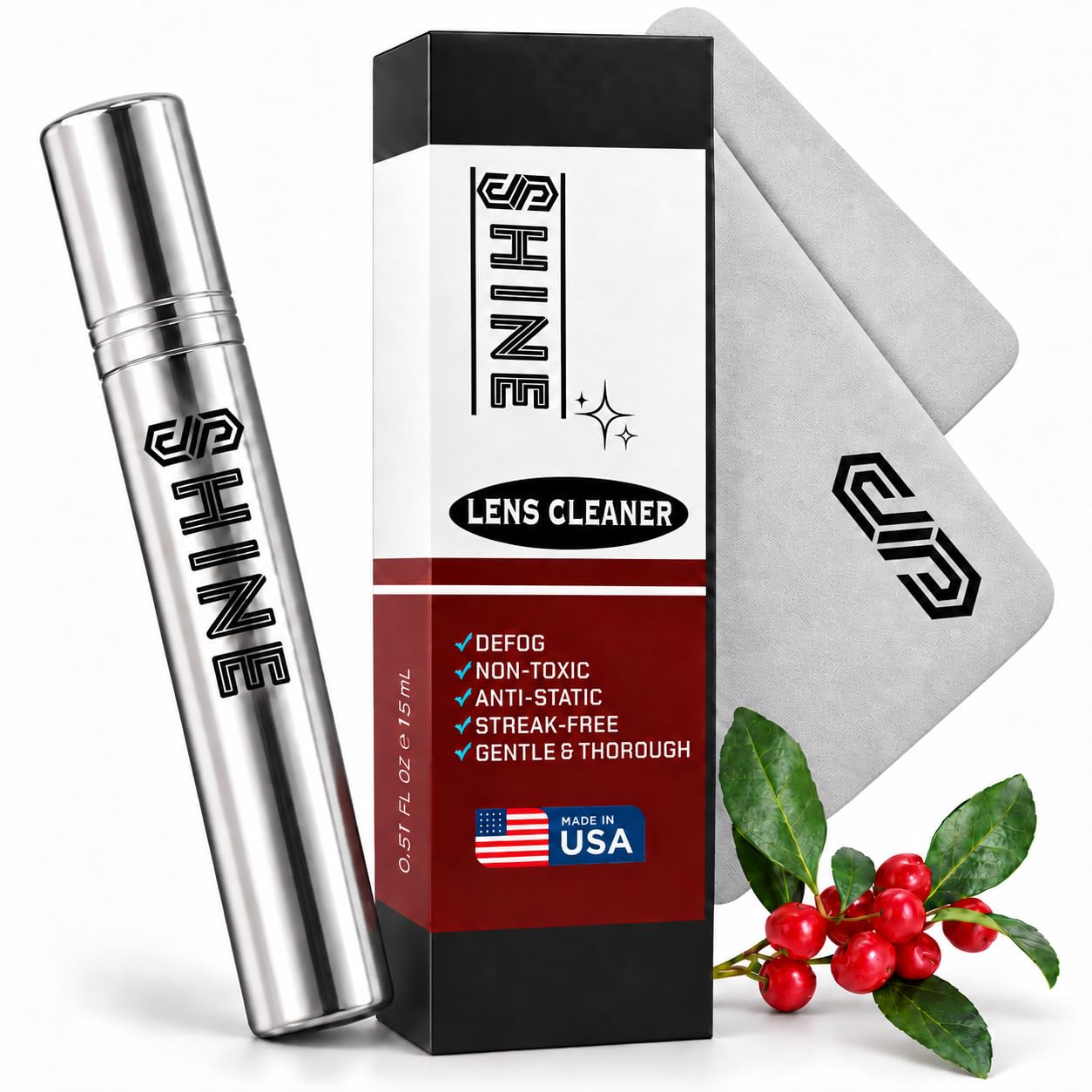 Shine Liquid Cleaner 0.5oz Spray Made in USA + (1) Fabric Cloth for Camera, Electronic Devices, Eyewear Lenses Compact 15ml Travel