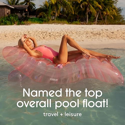 Miniatura 7 de FUNBOY Tumbona inflable gigante de lujo rosa pálido, flotador para silla de piscina para adultos, material verde de vidrio marino transparente,