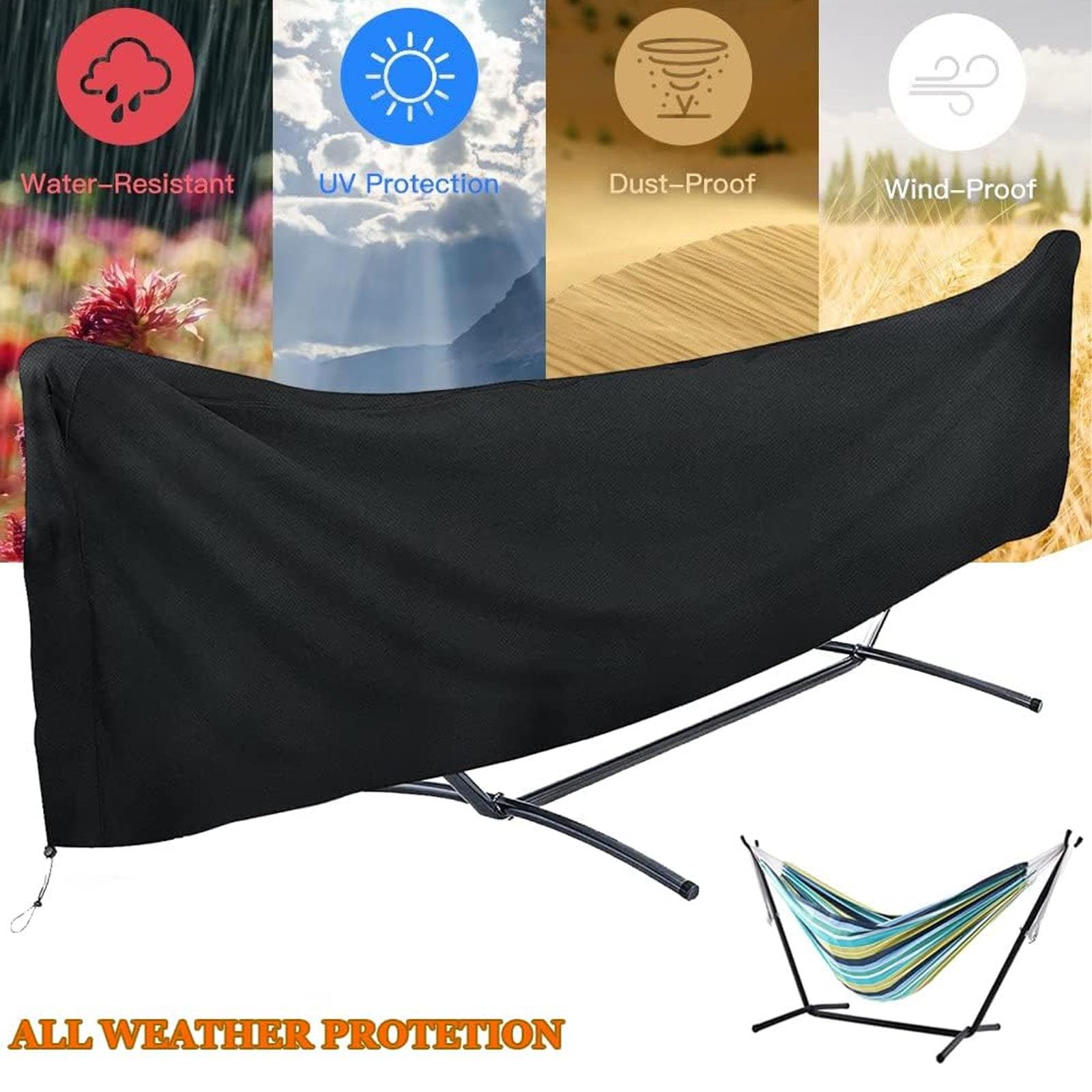 Housse Hamac Exterieur,Housse de Protection pour Hamac,Housse de Protection Hamac sur Pied,Housse de Hamac Imperméable Dustproof Oxford Housse Support Hamac (Black, 210D-370x140x93cm)